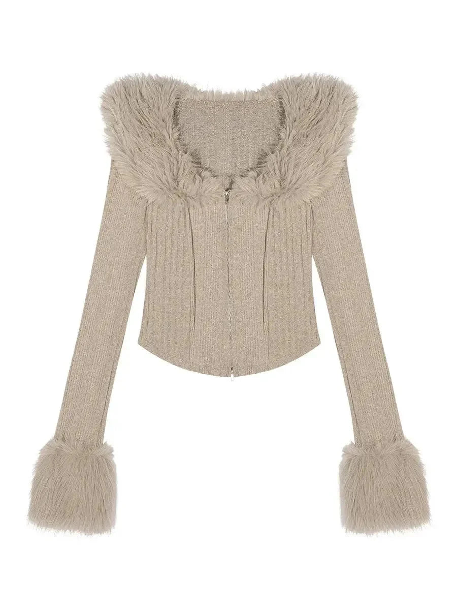 'Iced Frappe' Grey Snow Core Fur Collar Knitted Shirts