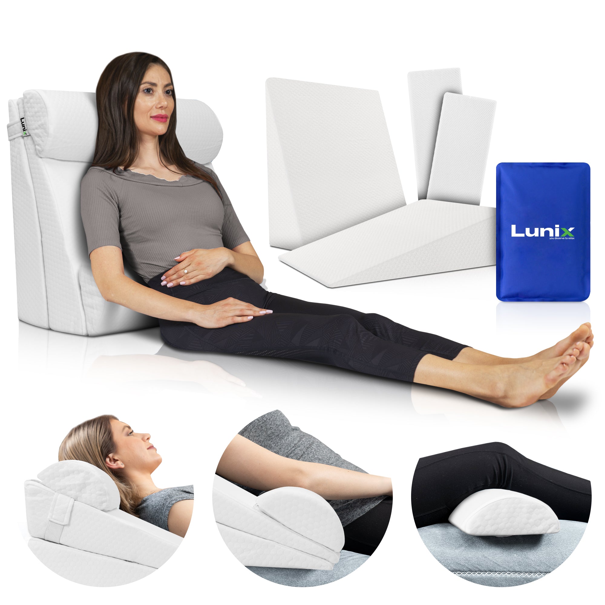 LX8 4-Piece Support for Nighttime Digestive Discomfort & Easier Breathing, Wedge Pillow Set, Pebble White