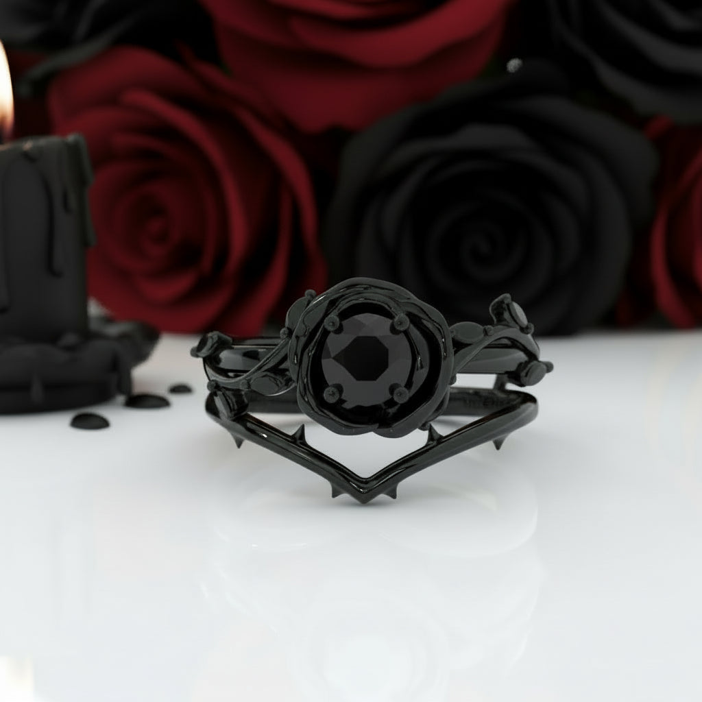 Black Rose- .50ct Round Cut Diamond Option 14k Gold Modern Goth Engagement Ring
