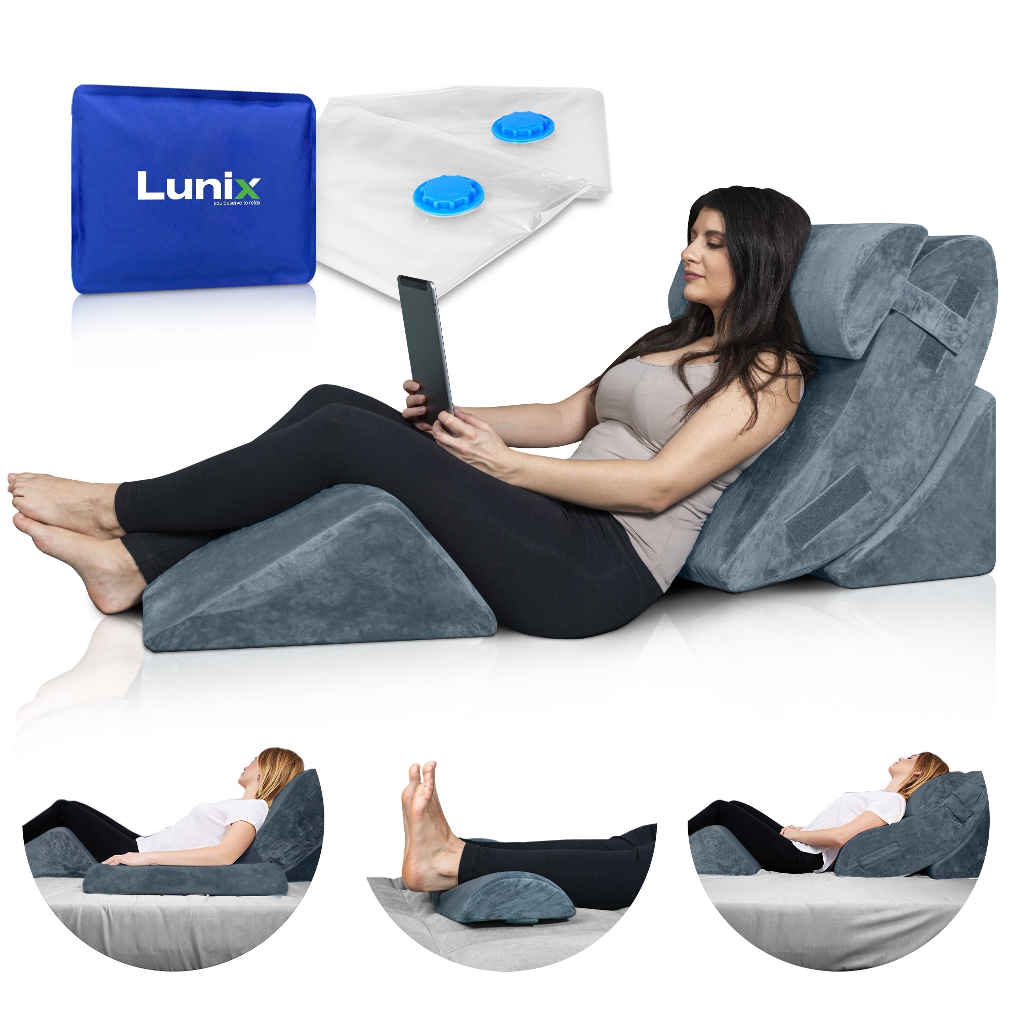 LX5 4-Piece Support for Shoulder & Upper Body Rest, Orthopedic Bed Wedge Pillow Set, Stone Navy