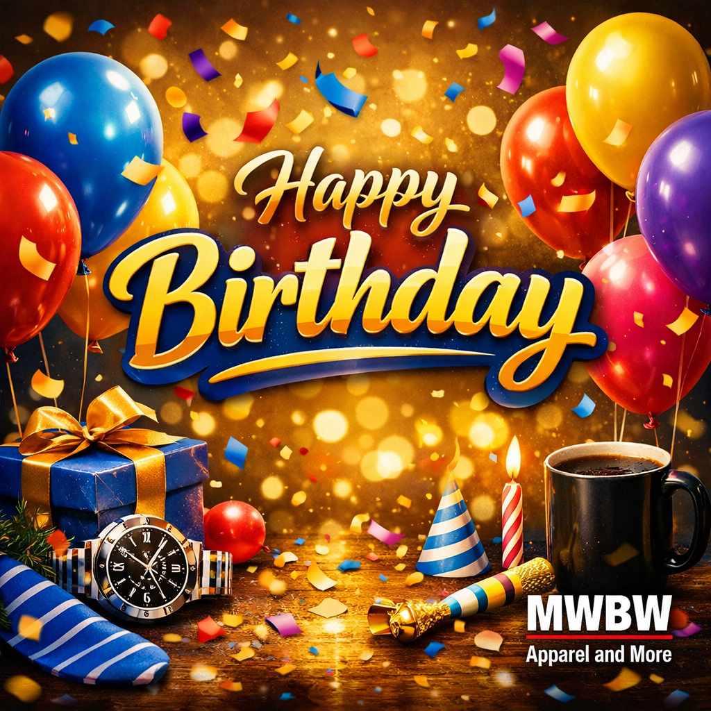 Generic birthday gift card with balloons, confetti, wrapped gifts and MWBW Apparel and More logo