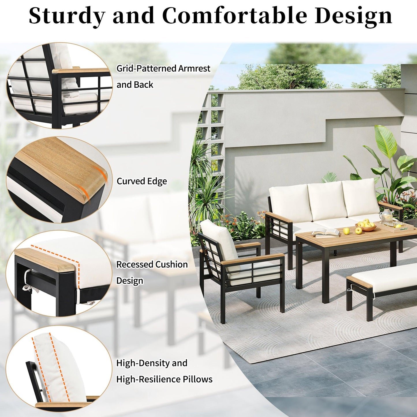 5 Pieces Outdoor Patio Conversation Set with 3-Seat Sofa, Cushions for Backyard, Poolside, Garden