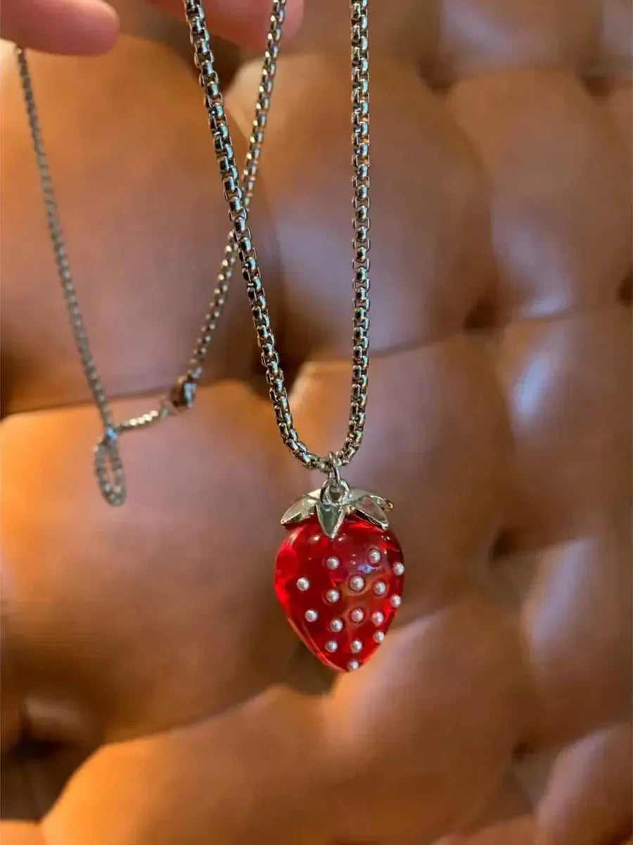 'Strawberry Dream'Y2k Clear Red Sweater Necklace