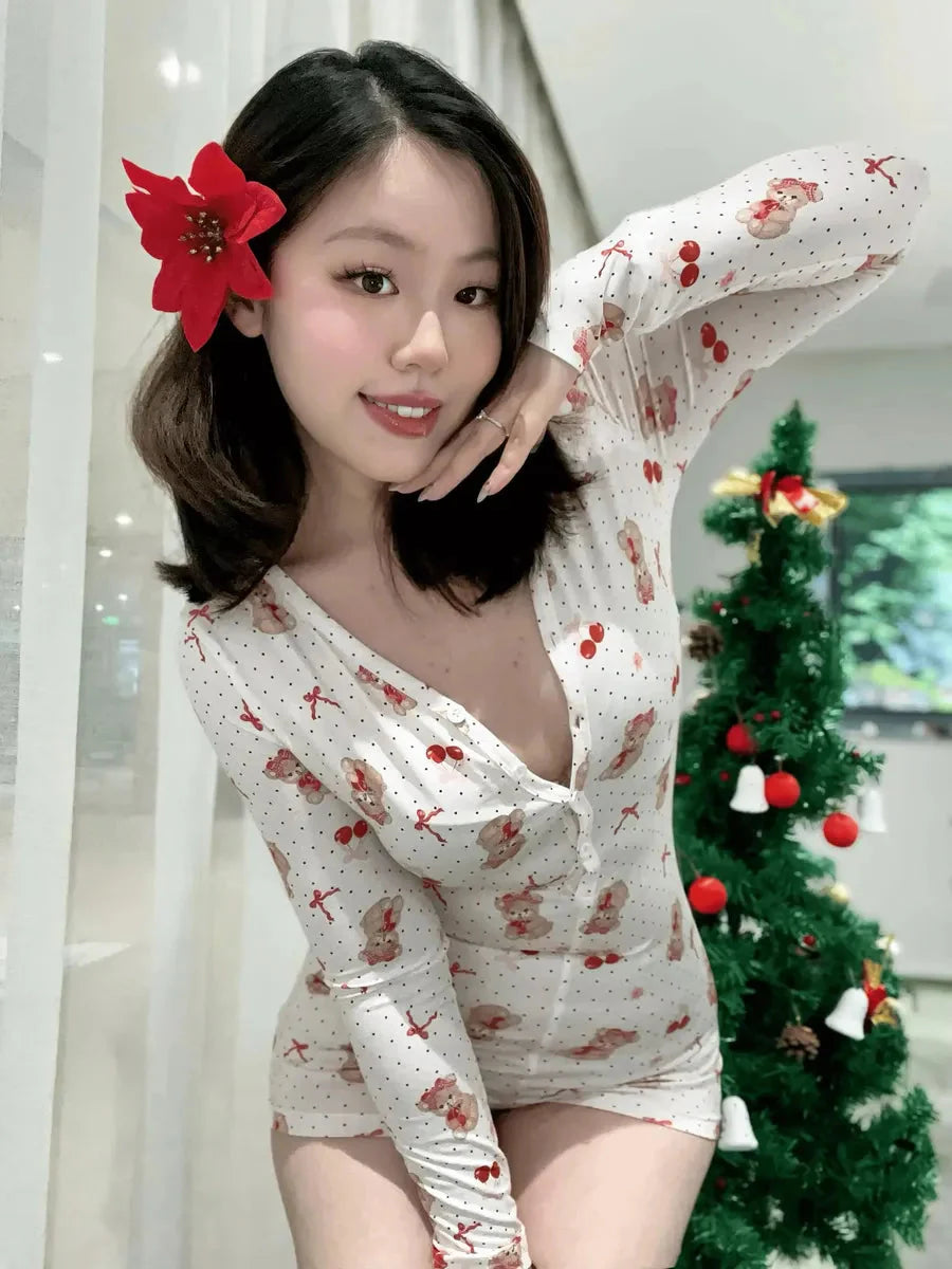 'Cherry Bear' Coquette Kawaii Bear Print Loungewear Bodysuit