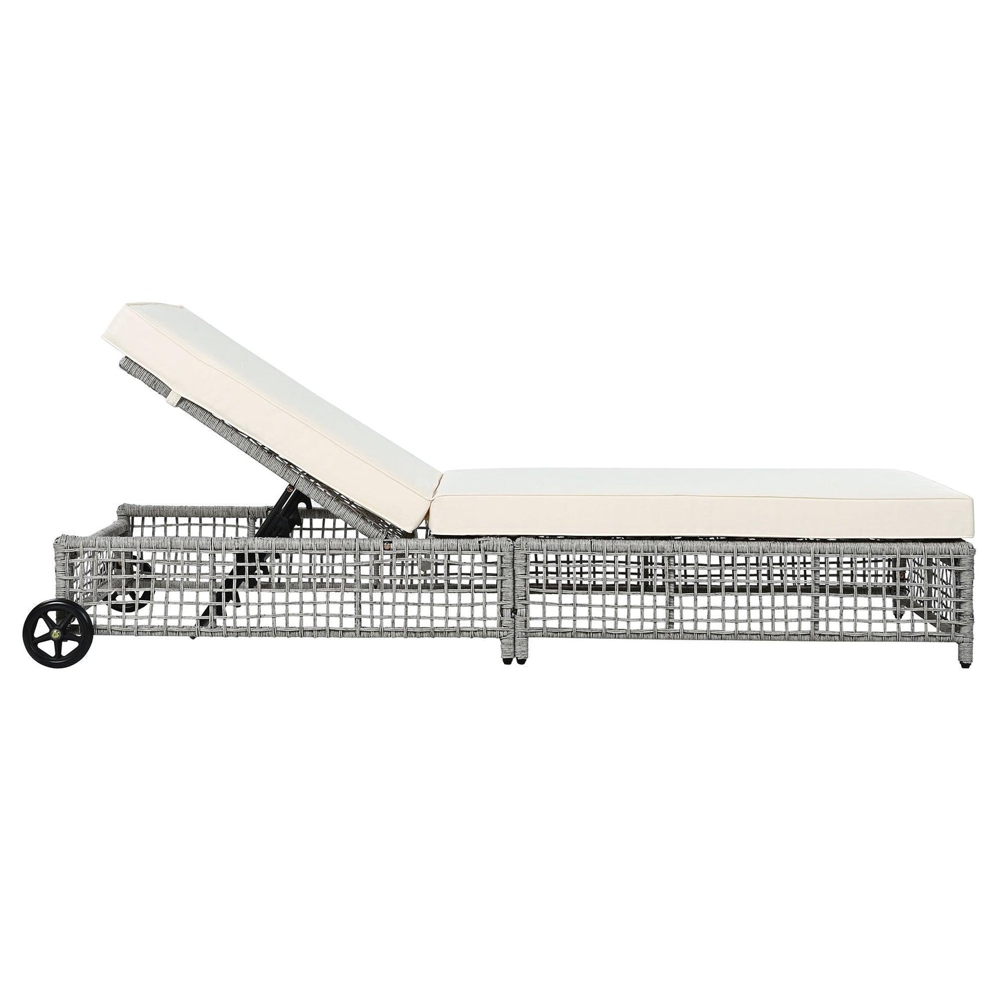 Outdoor Lounge Chair, Patio Chaise Lounge with 5-Position Backrest, Rattan Outdoor Lounge Chair with Cushion and Wheels for Poolside, Backyard, Garden