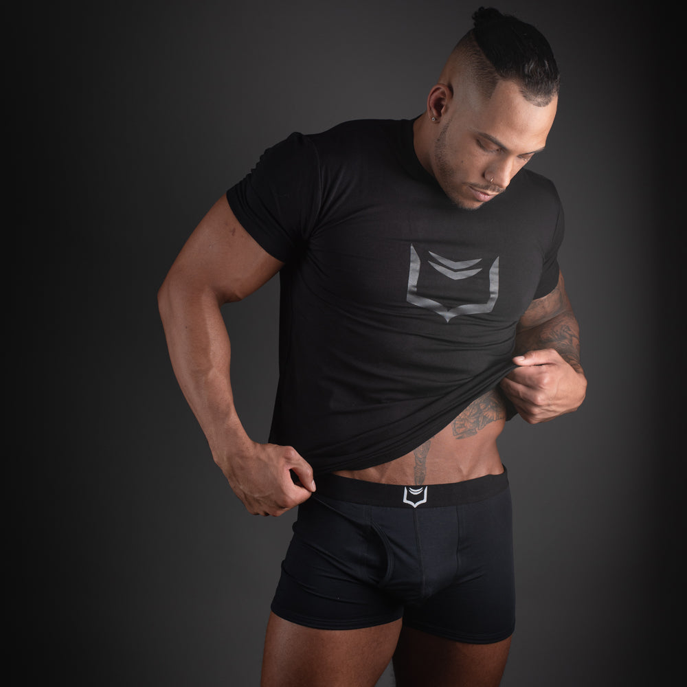 Mens supportive underwear featuring dual pouch support