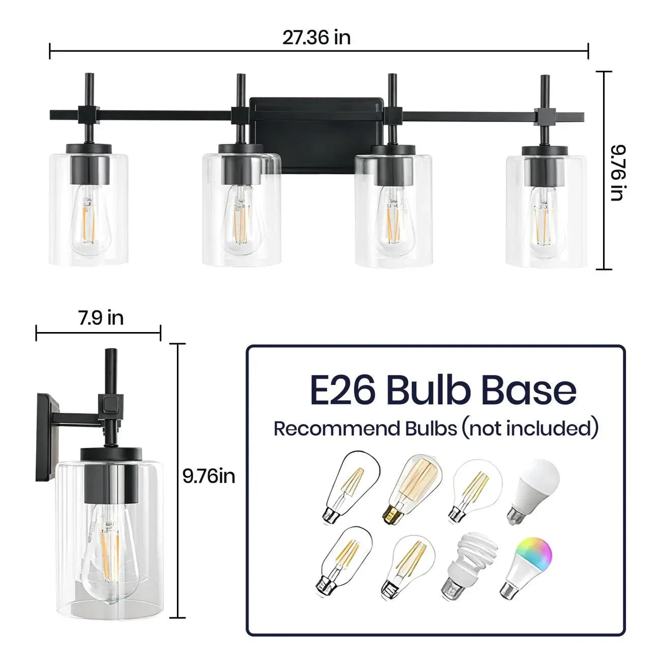 Jasper Modern 4-Light Clear Glass Bathroom Lights Linear Vanity Light