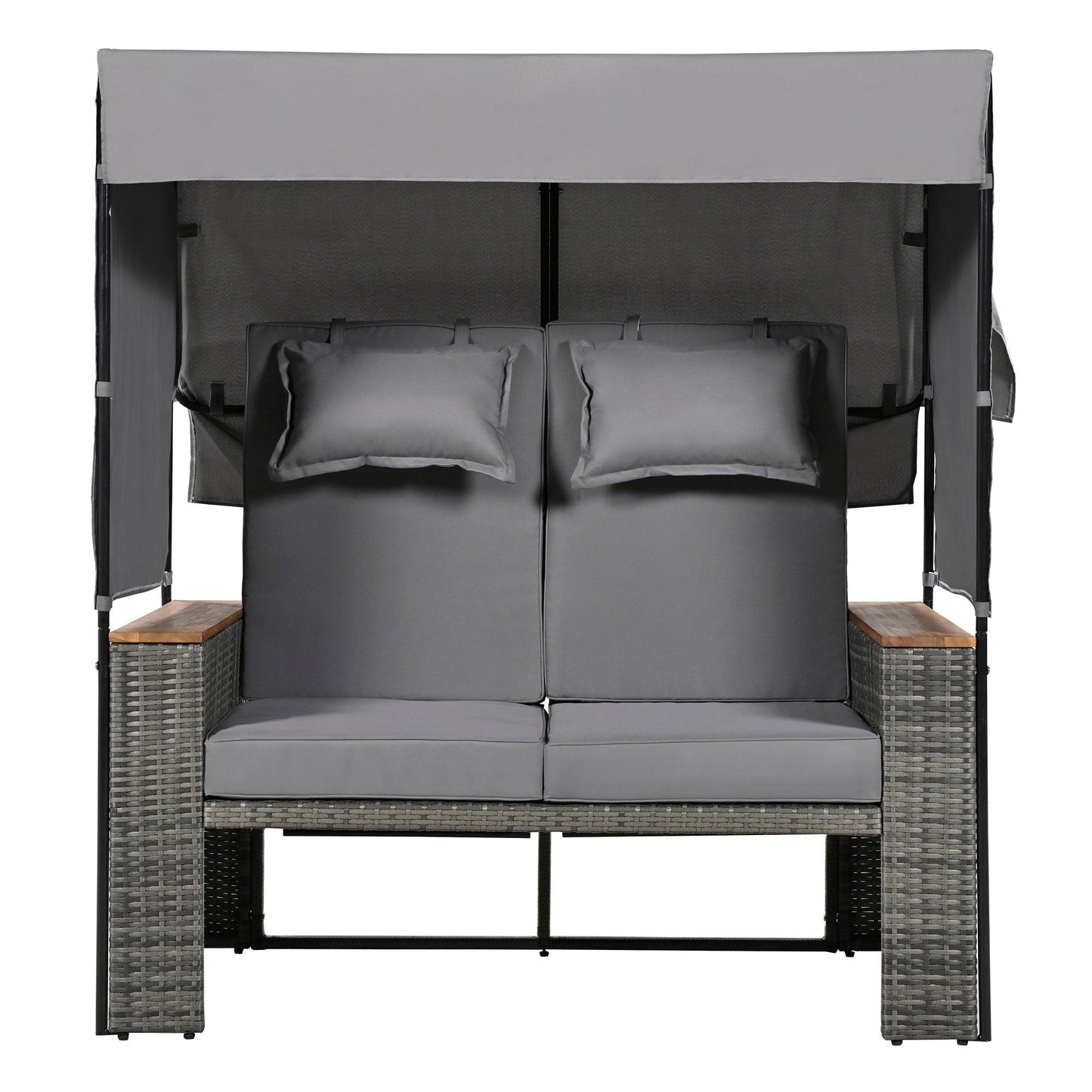 2-Piece Outdoor Rattan Daybed with Bench Lounge Roof Set and Cushions for Poolside, Backyard and Garden