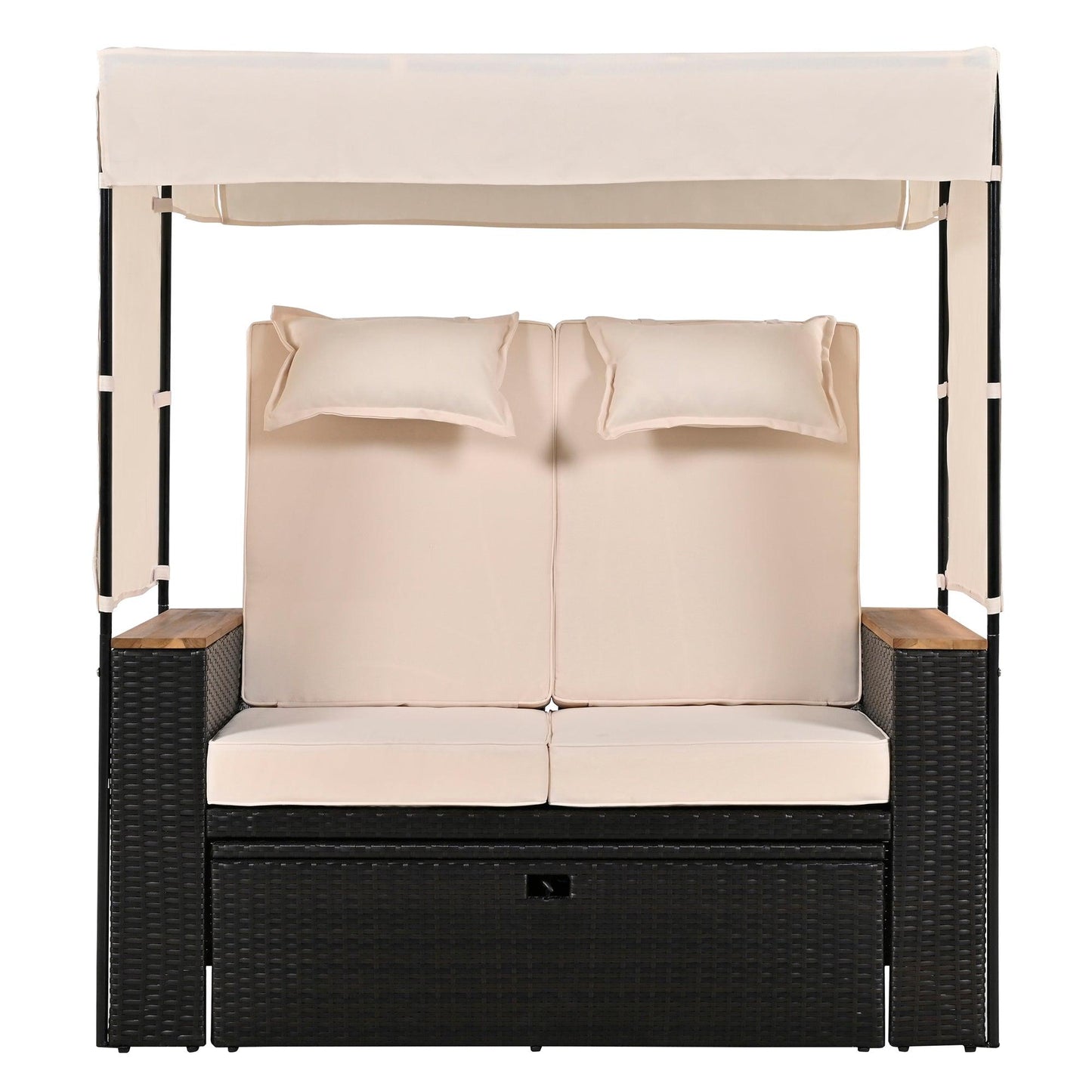 2-Piece Outdoor Rattan Daybed with Bench Lounge Roof Set and Cushions for Poolside, Backyard and Garden