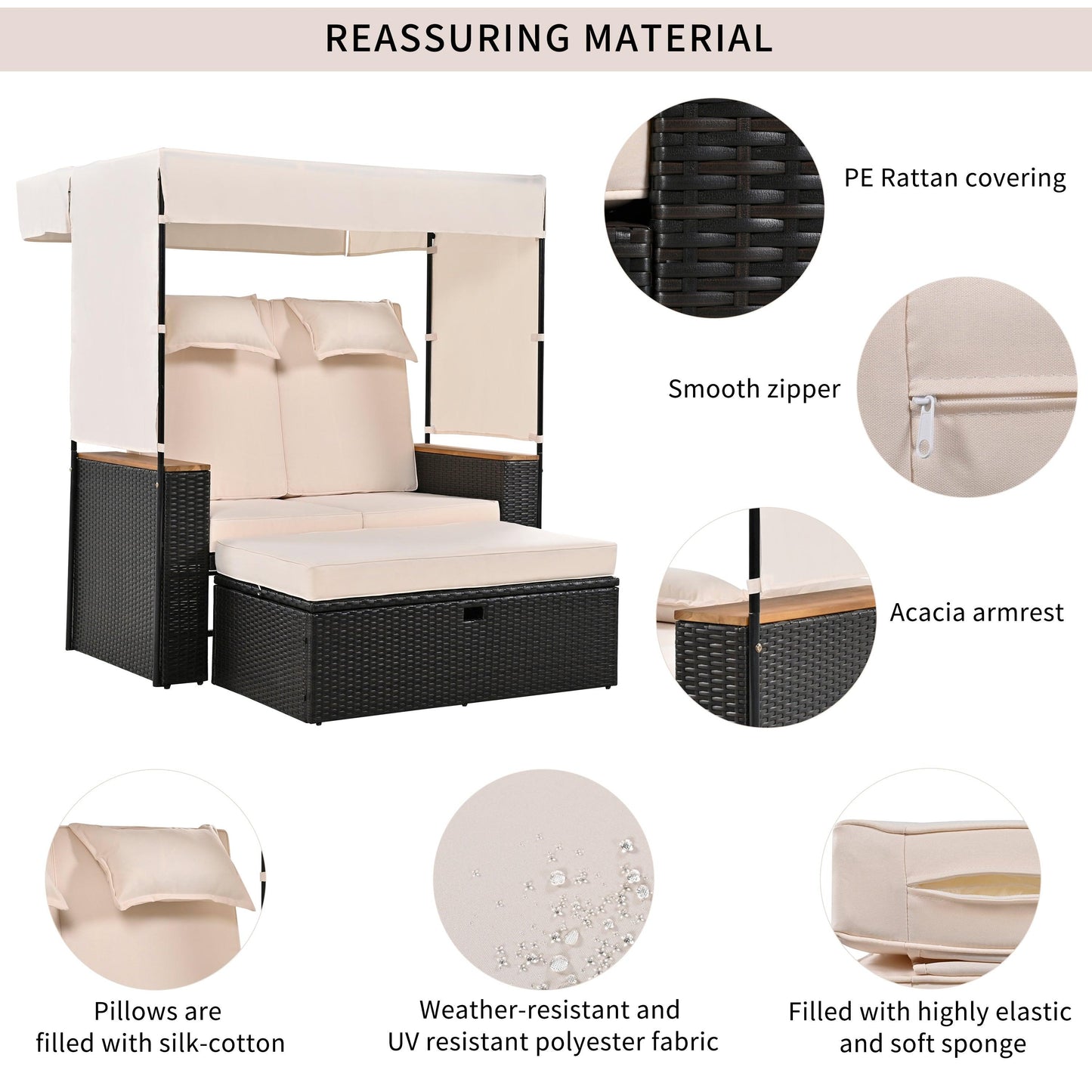 2-Piece Outdoor Rattan Daybed with Bench Lounge Roof Set and Cushions for Poolside, Backyard and Garden