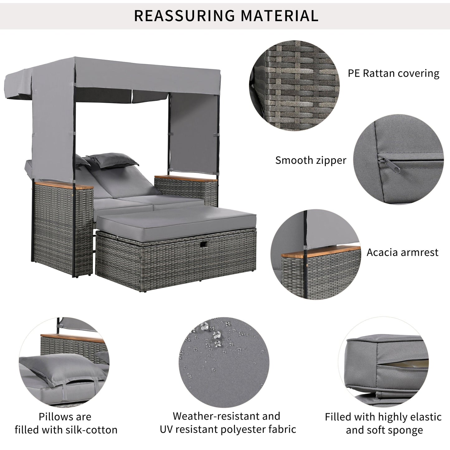 2-Piece Outdoor Rattan Daybed with Bench Lounge Roof Set and Cushions for Poolside, Backyard and Garden