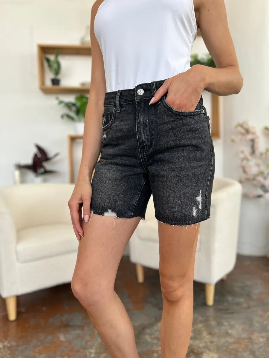 Judy Blue high waist rigid magic denim shorts – front view, medium wash