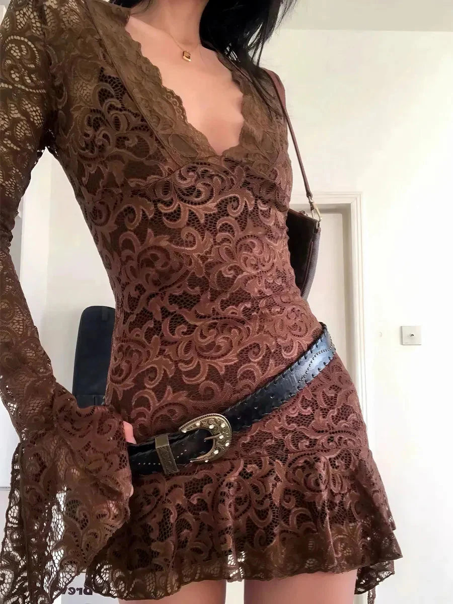 'Cinnamon' Lace Fabric See Through Dress