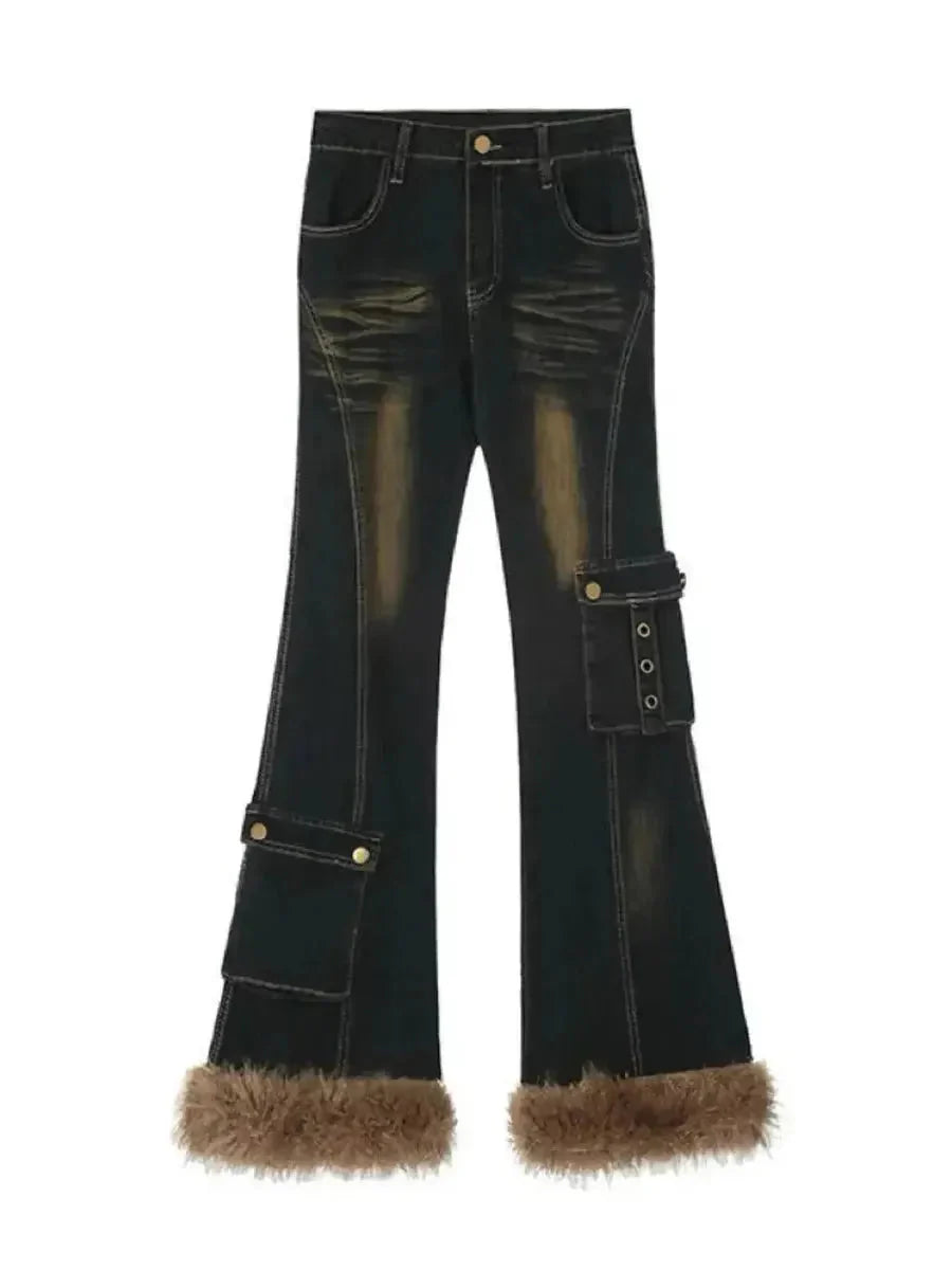 'Teddy' Retro Distressed Fluffy Denim Bell Bottom Pants