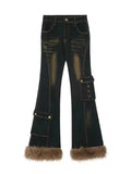 'Teddy' Retro Distressed Fluffy Denim Bell Bottom Pants