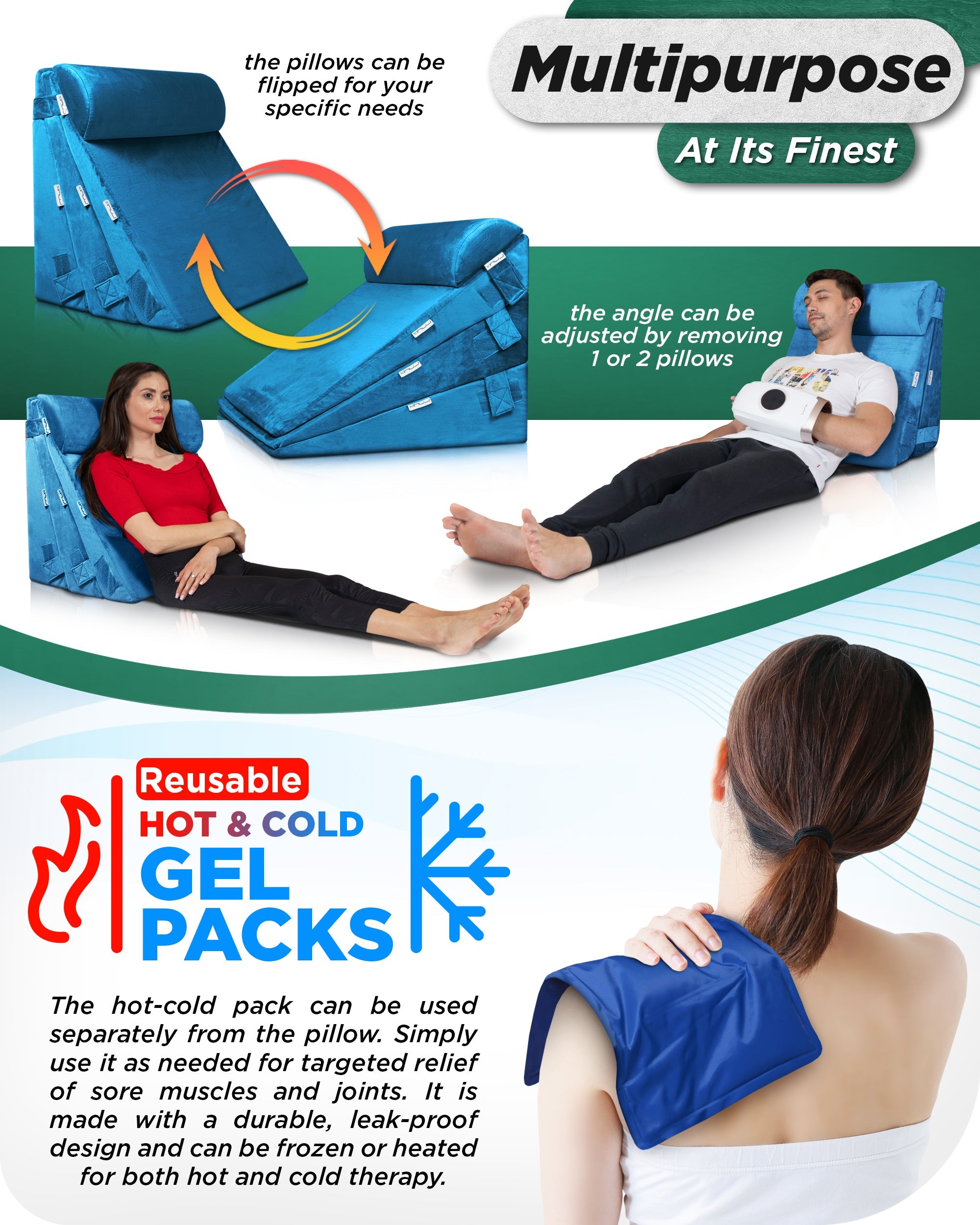 LX11 5-Piece Support for Abdominal Recovery & Lower Back Rest, Wedge Pillow Set, Ocean Blue