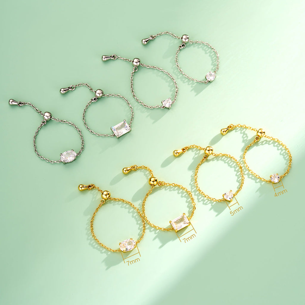Oval/Rectangle/Heart CZ Adjustable Chain Ring