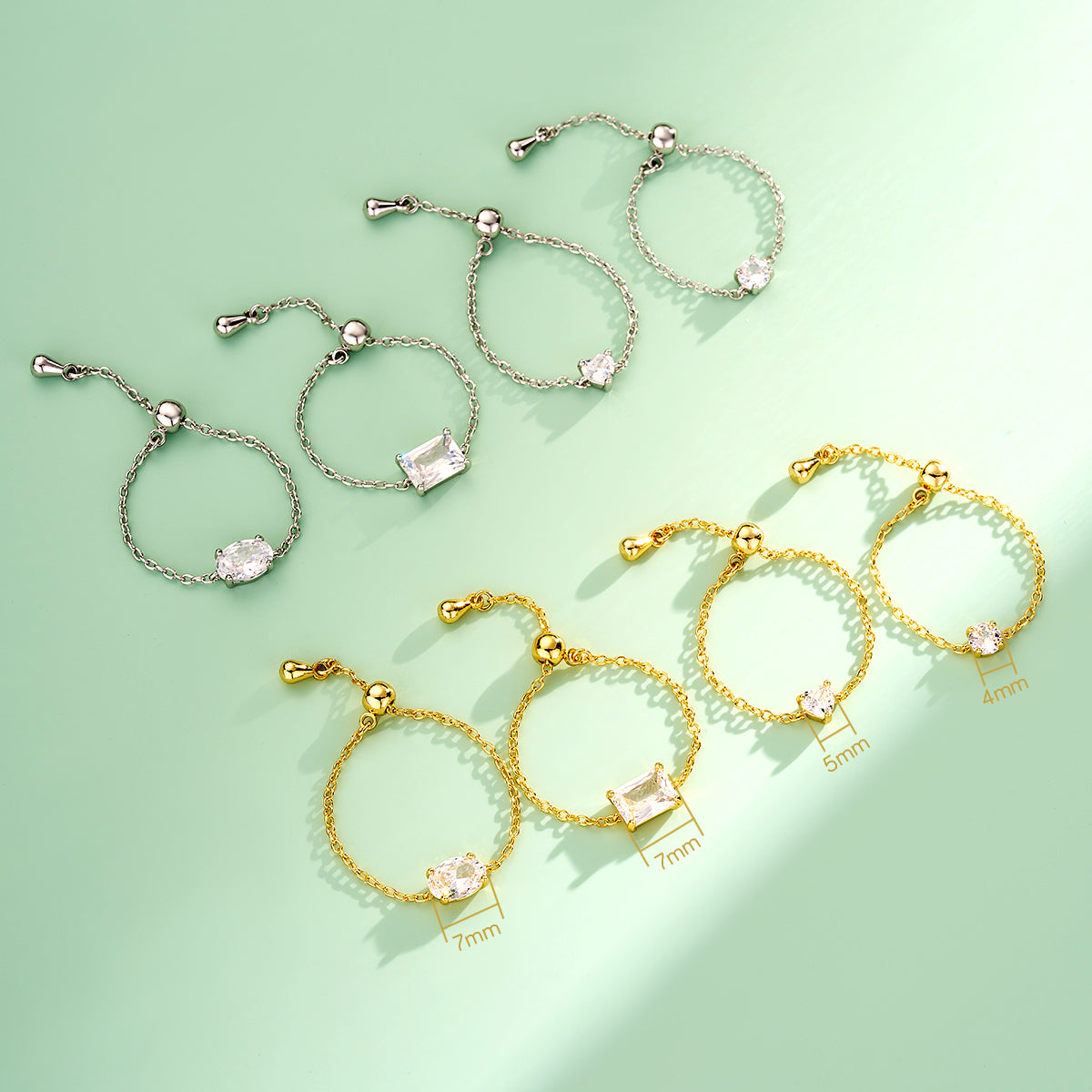 Oval/Rectangle/Heart CZ Adjustable Chain Ring
