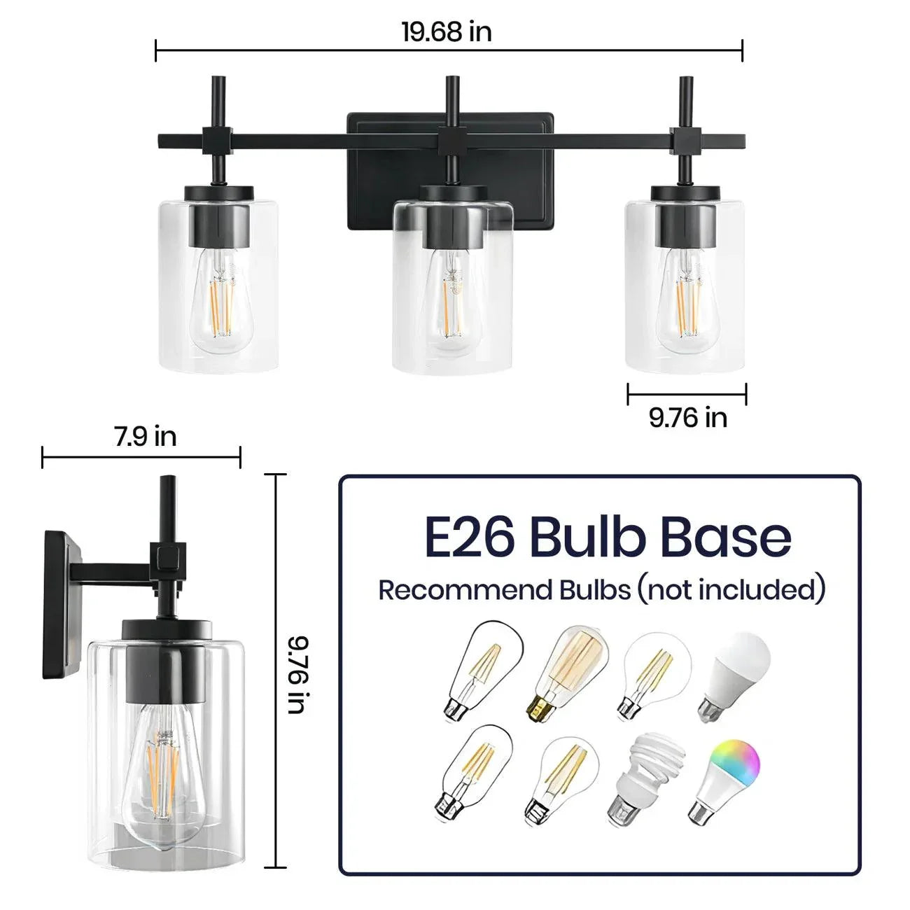 Jasper 3-Light Modern Clear Glass Bathroom Vanity Light, Black & Nickel