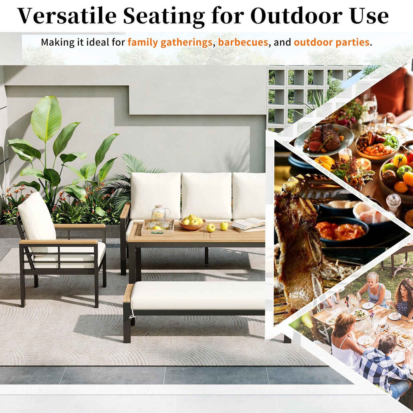 5 Pieces Outdoor Patio Conversation Set with 3-Seat Sofa, Cushions for Backyard, Poolside, Garden