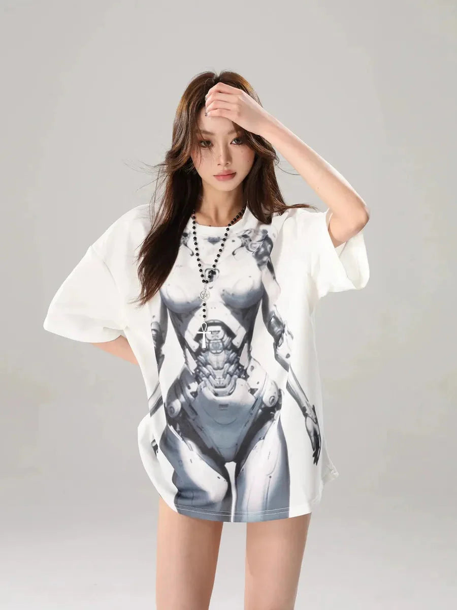 White oversized AI body print Y2K t shirt for adults