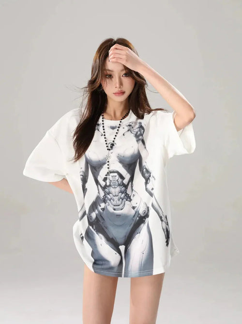 White oversized AI body print Y2K t shirt for adults