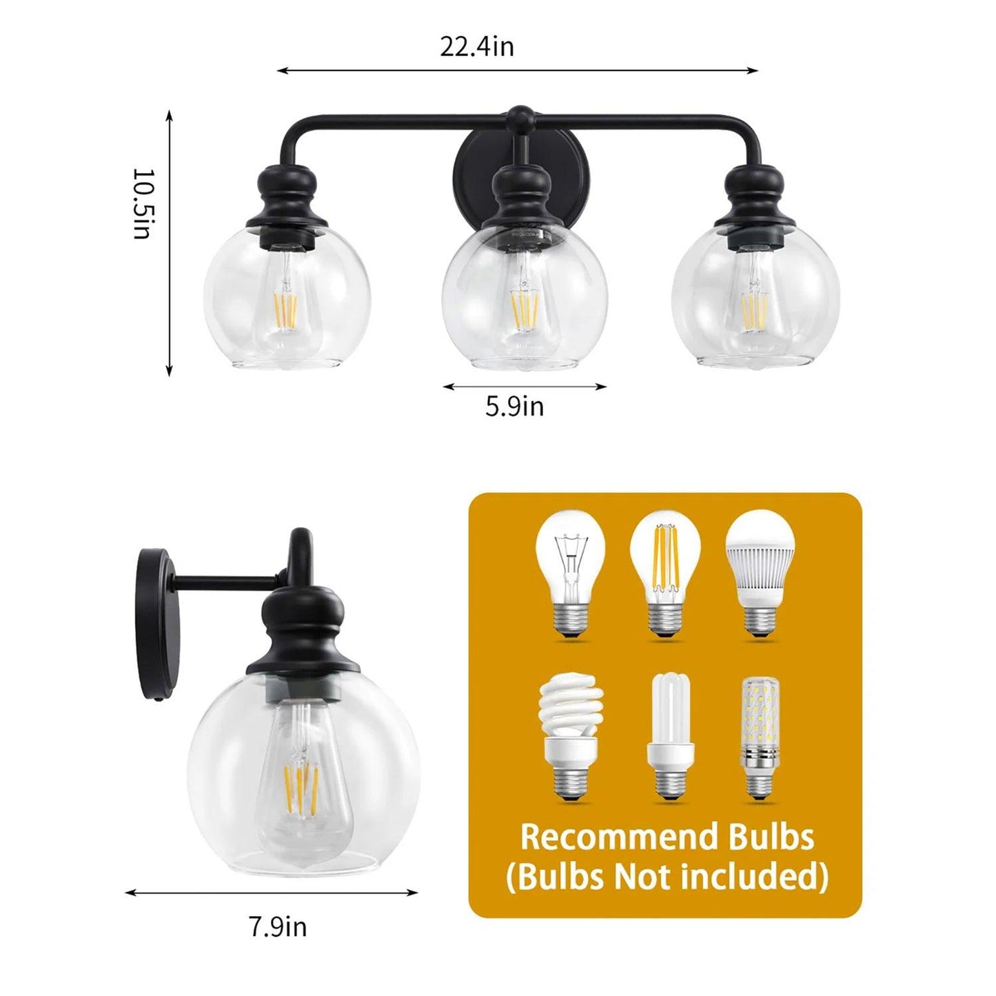 Irvine Black Modern Clear Glass 3-Light Vanity Light