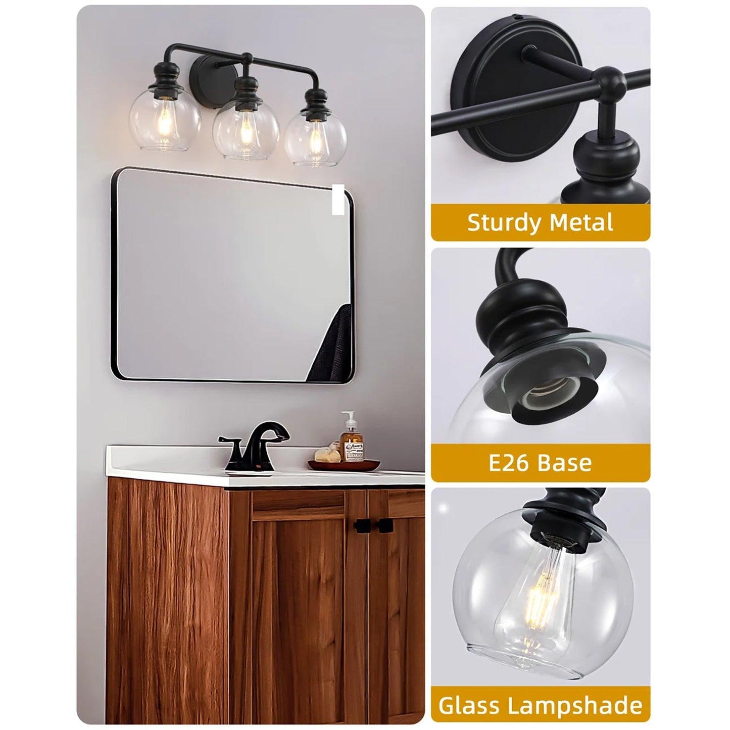 Irvine Black Modern Clear Glass 3-Light Vanity Light