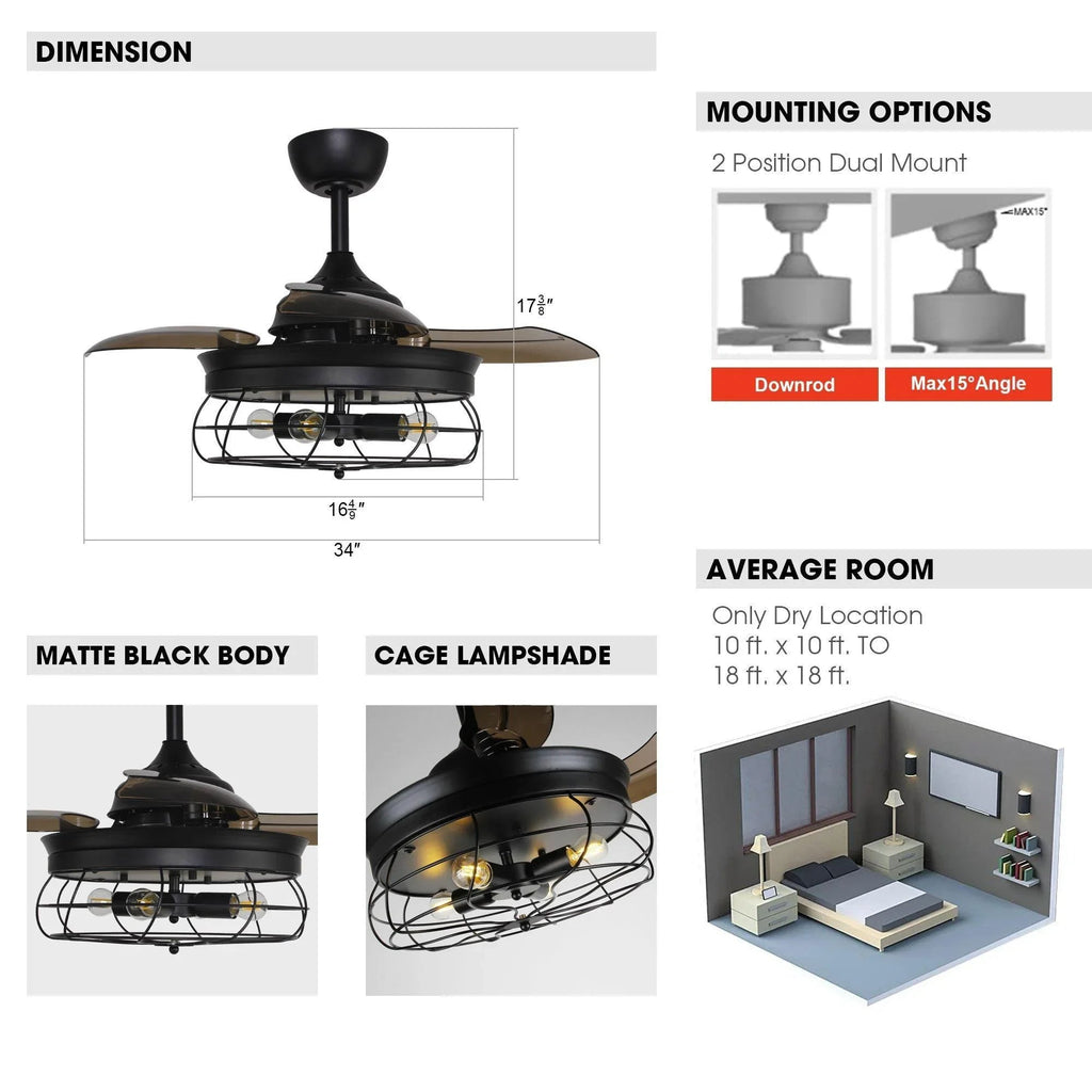 36" Benally Industrial Downrod Mount Ceiling Fan with Lighting and Remote Control
