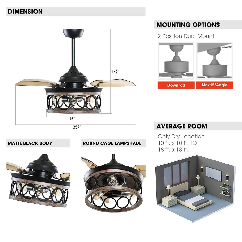 36" Mirelle Farmhouse Downrod Mount Ceiling Fan with Lighting and Remote Control