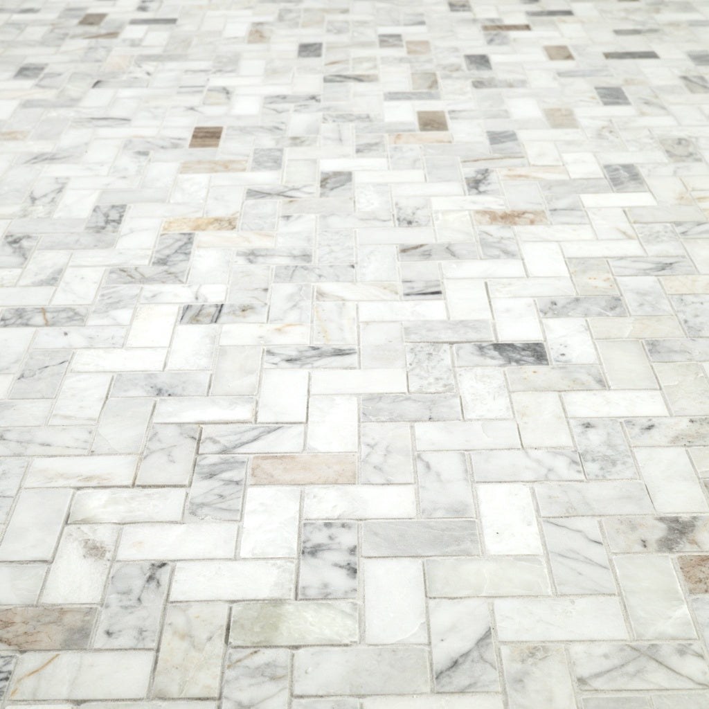 Arabescato Venato White 1"x2" Herringbone Honed Marble Mesh Mounted Mosaic Tile - MSI Collection