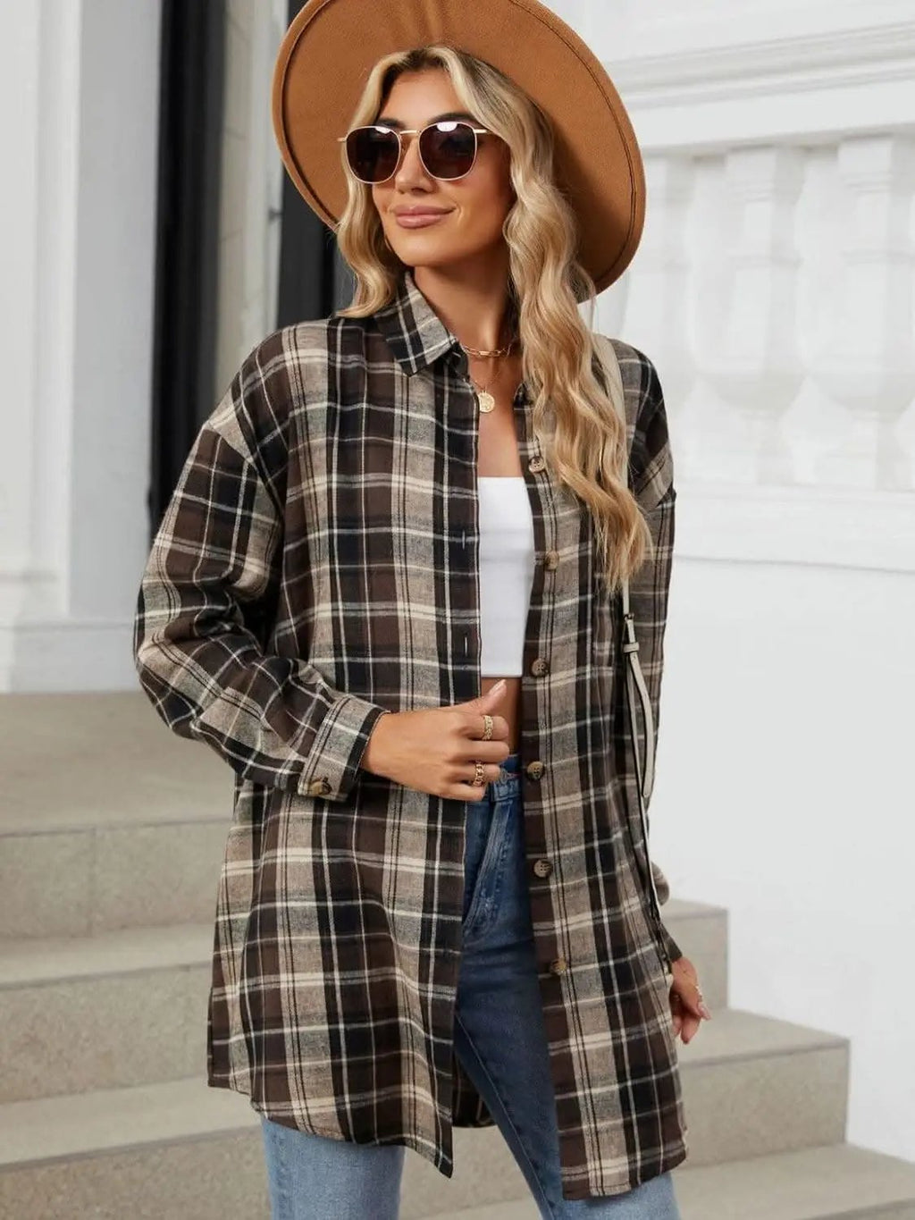 Trendsi Plaid Collared Shirt Long Sleeve — Casual Dusty Pink