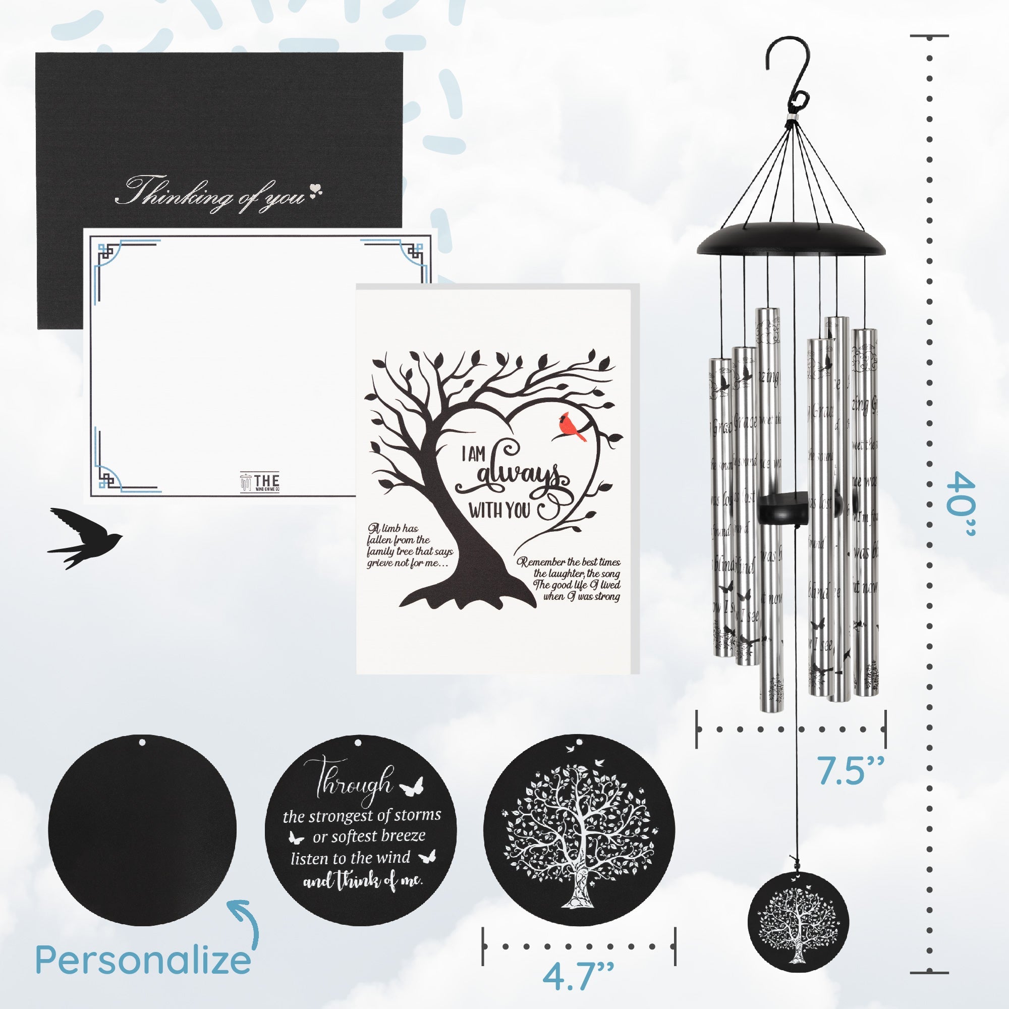 Memorial Serenity Wind Chimes, Thoughtful Gift For Special Occasions or Reflections Amazing Grace Scripture 40”