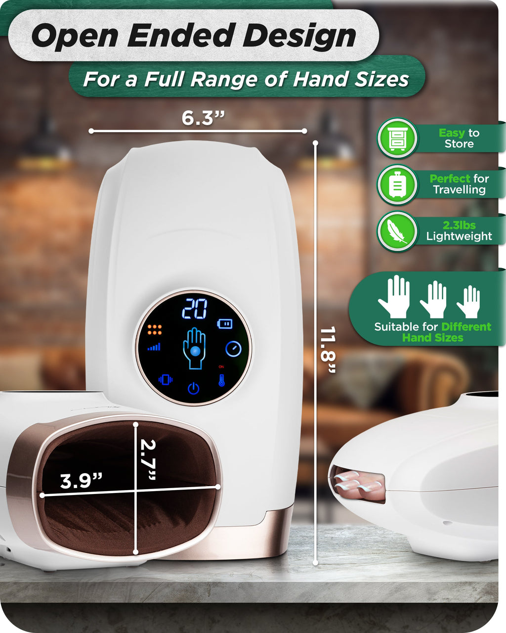 LX7 LCD Touchscreen Hand Massager, Heated Air Compression, Lunar White