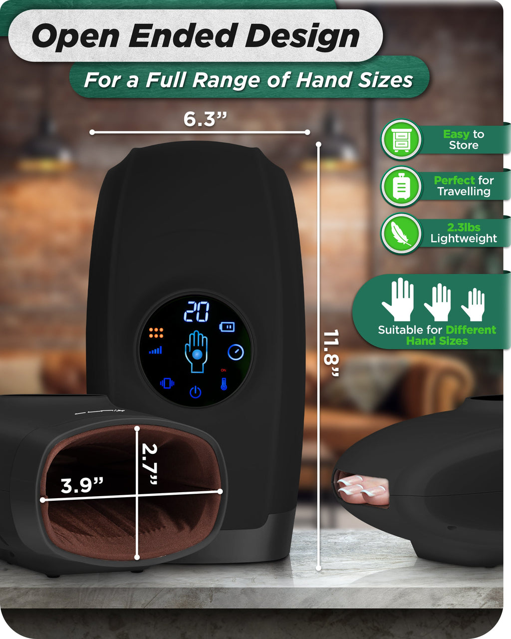LX7 LCD Touchscreen Hand Massager, Heated Air Compression, Charcoal Black