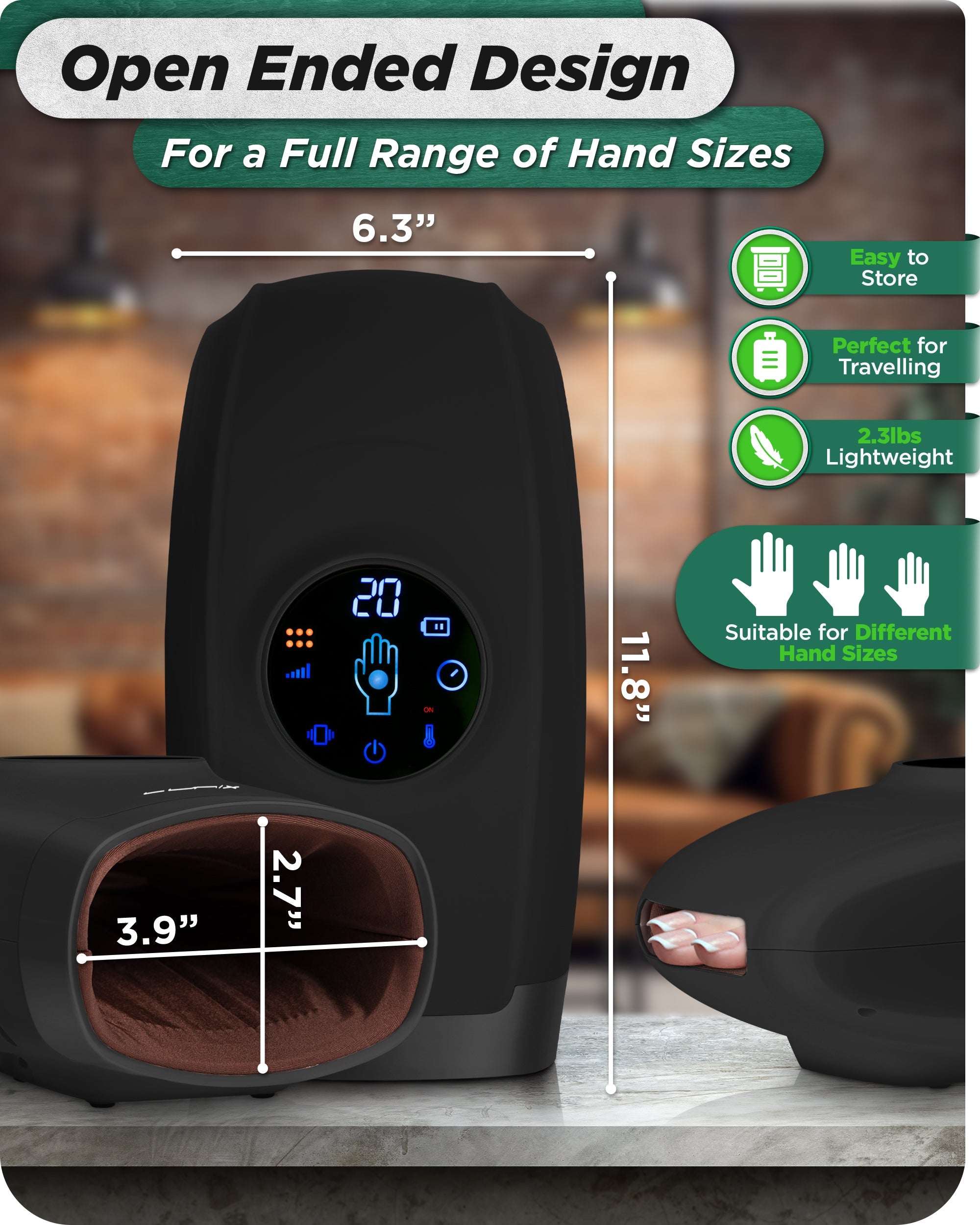 LX7 LCD Touchscreen Hand Massager, Heated Air Compression, Charcoal Black