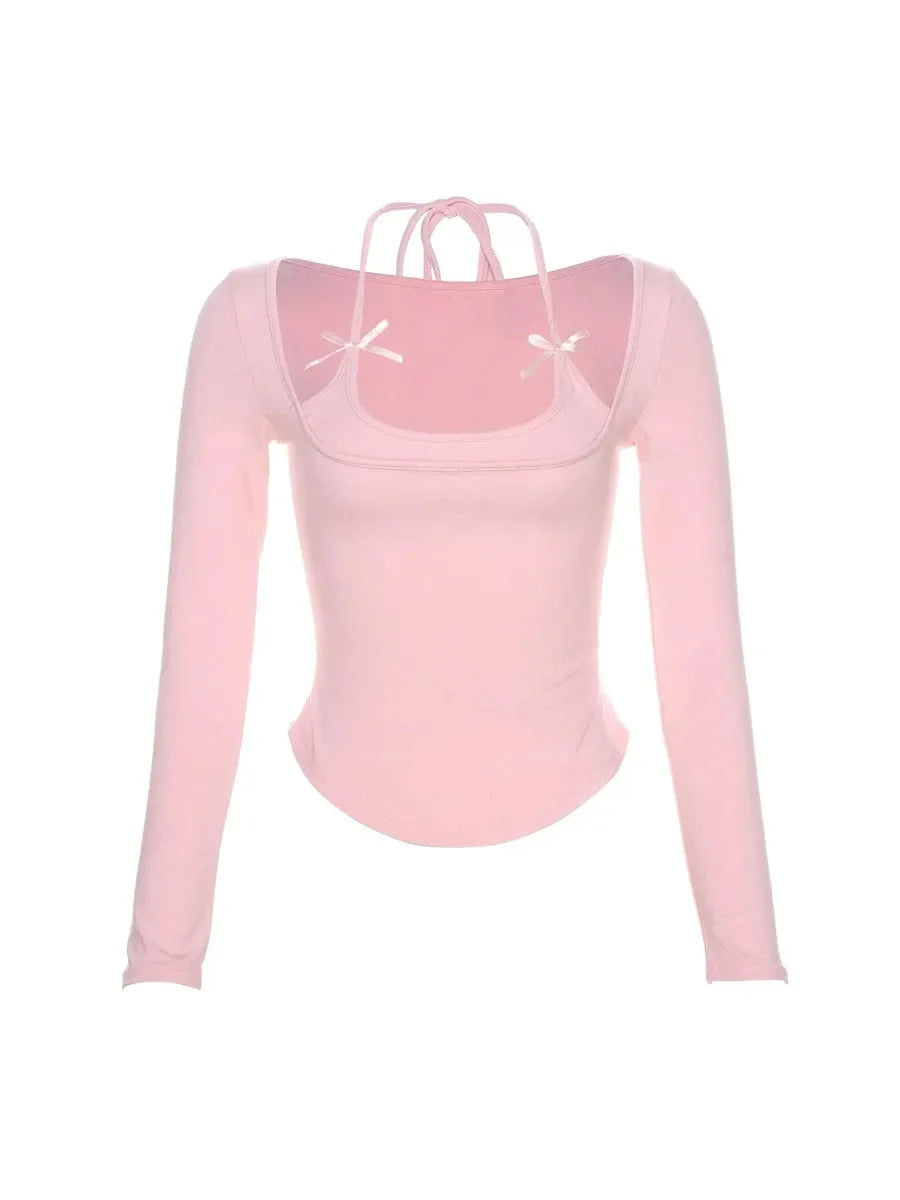 Ballet Dream Coquette Bowtie Halter Long Sleeve Shirt in pink Kawaii balletcore bowtie halter top