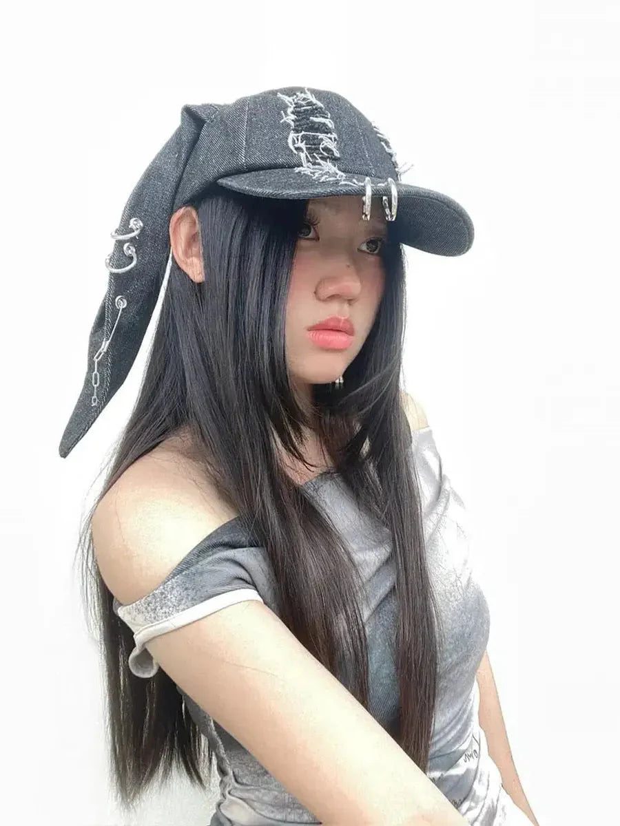 'Doberman' Y2k Bunny Ears Rivet Ripped Cap