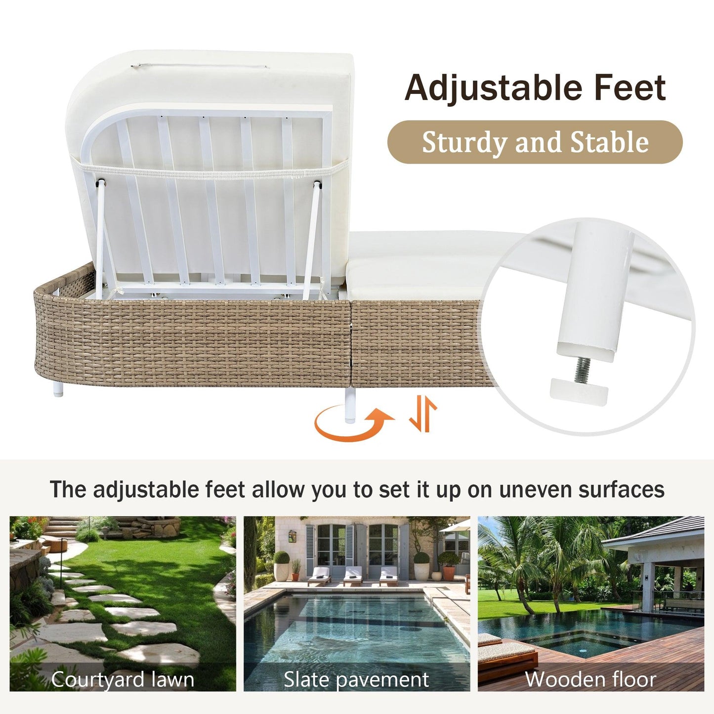 Outdoor Daybed, Patio Rattan Daybed with 5-Position Adjustable Backrest and Removable Cushions & Pillows for Garden, Backyard, Poolside