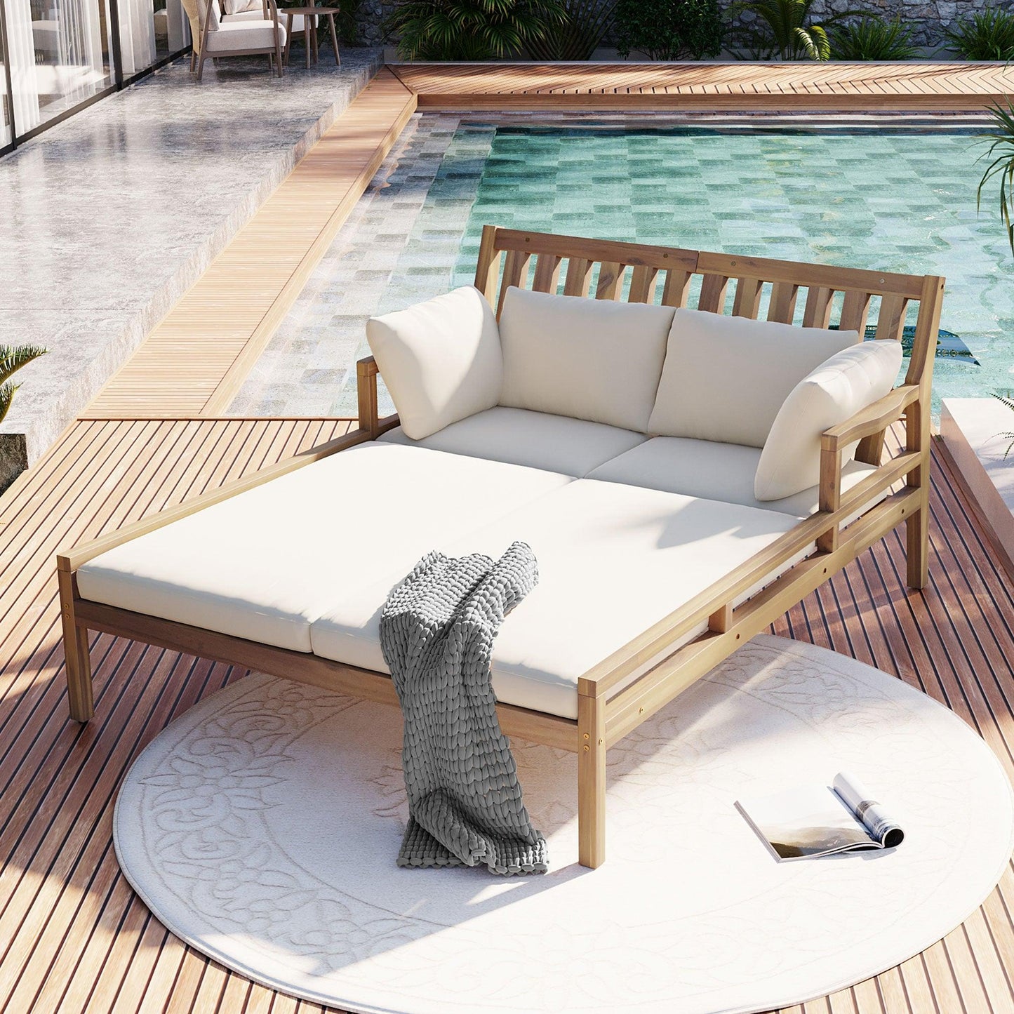 Outdoor Daybed, Patio Daybed with Four Pillows, Wooden Outdoor Bed with Curved Armrests for Poolside, Backyard, Garden