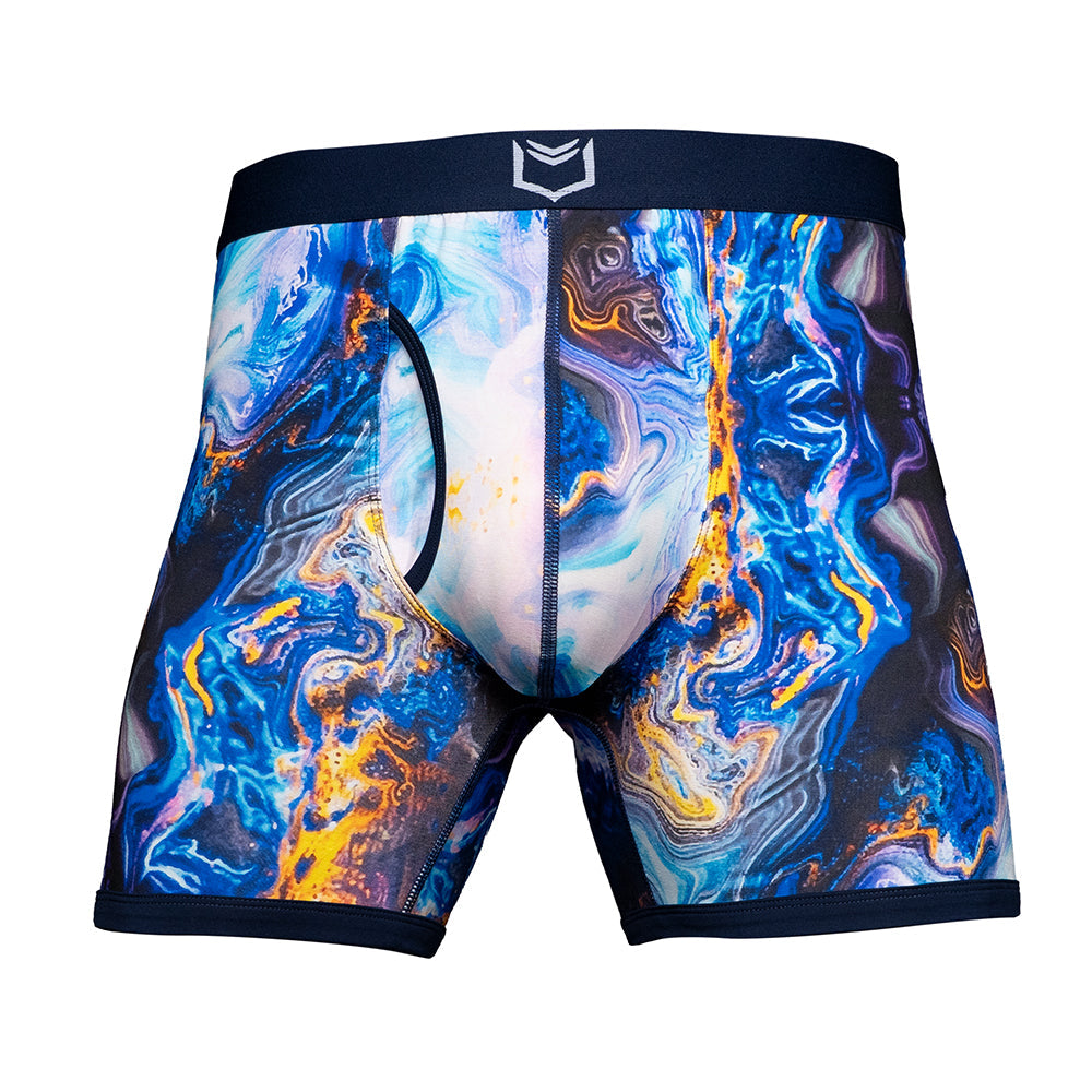 Men's pouch underwear - SHEATH 4.0 Bamboo Elements Boxer Brief 5" in vibrant blue and orange abstract design.