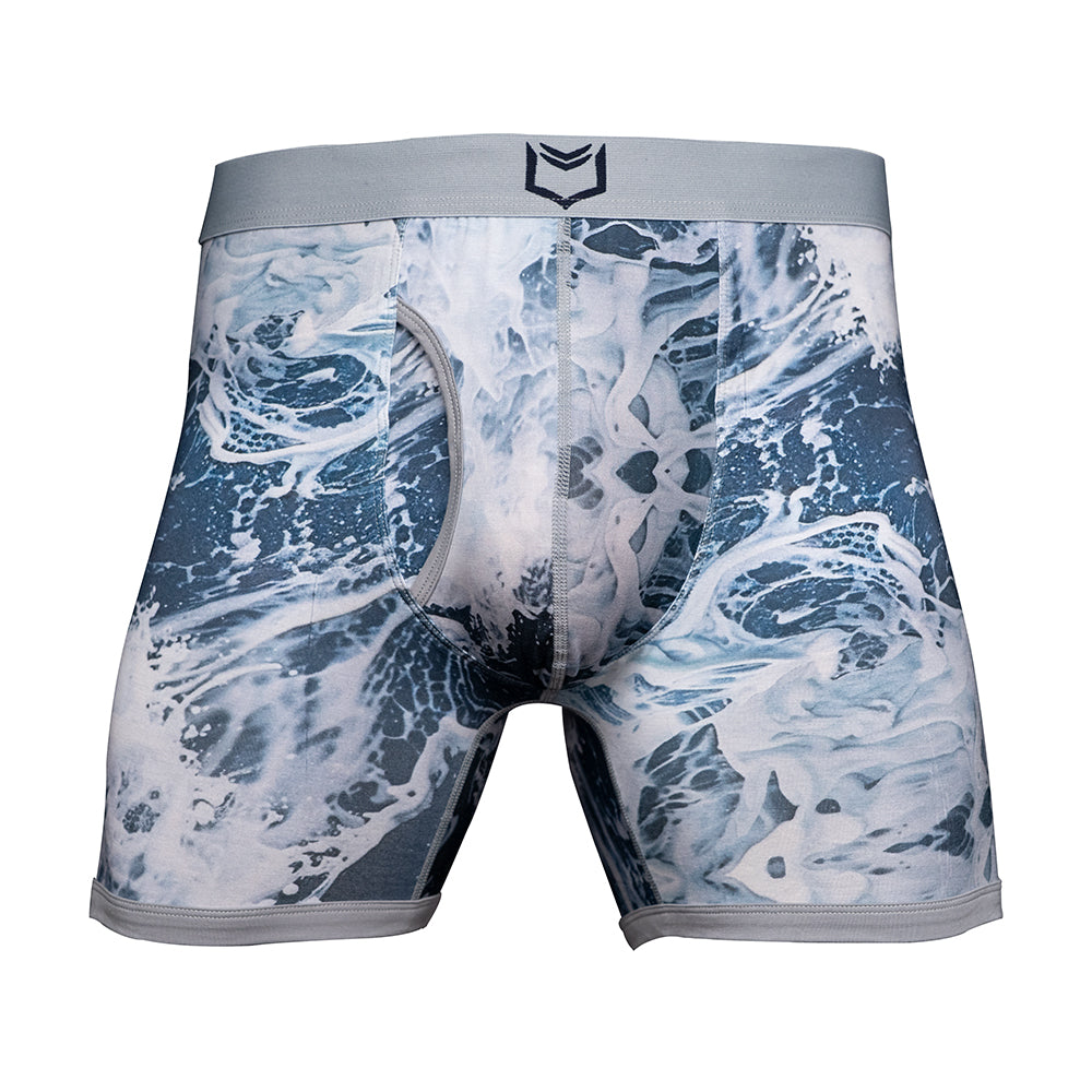 Men's pouch underwear SHEATH 4.0 Bamboo Elements Boxer Brief featuring a blue and white wave design.