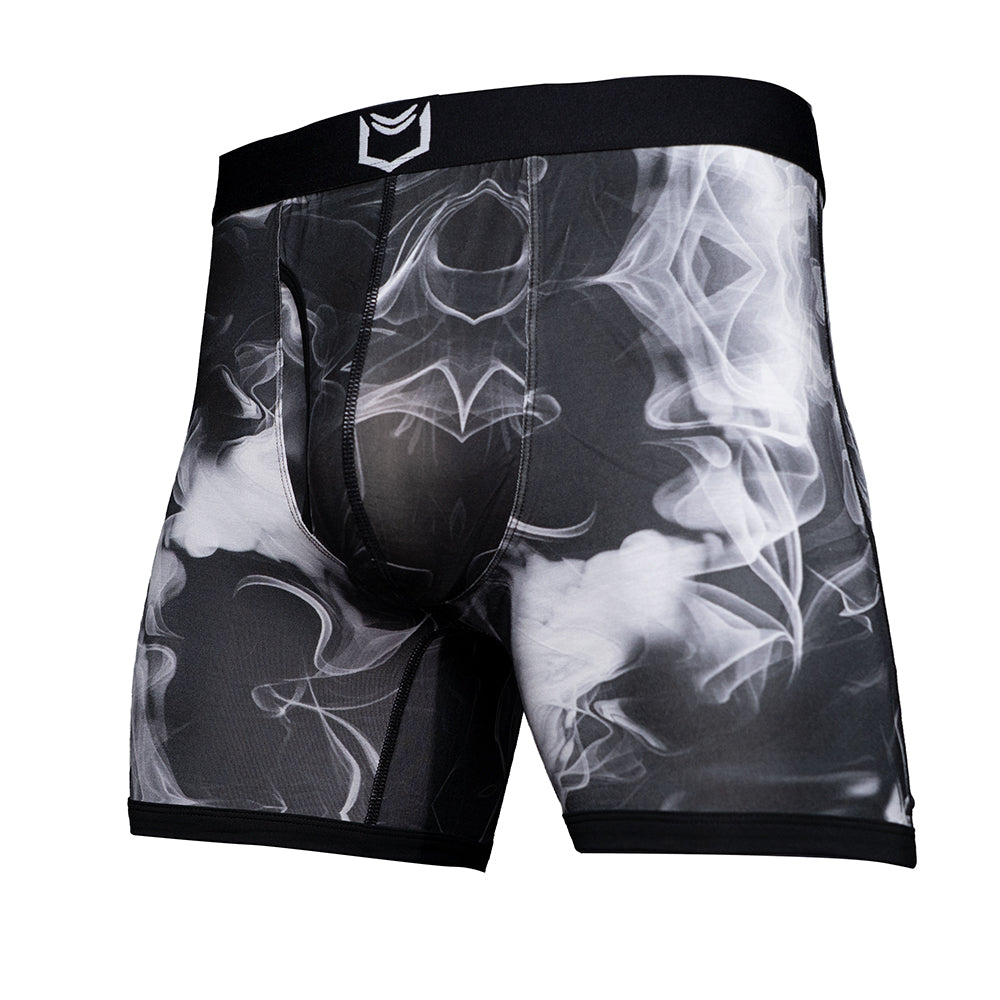 Men's pouch underwear in a black smoke design, featuring a comfortable waistband and innovative dual-pouch structure.