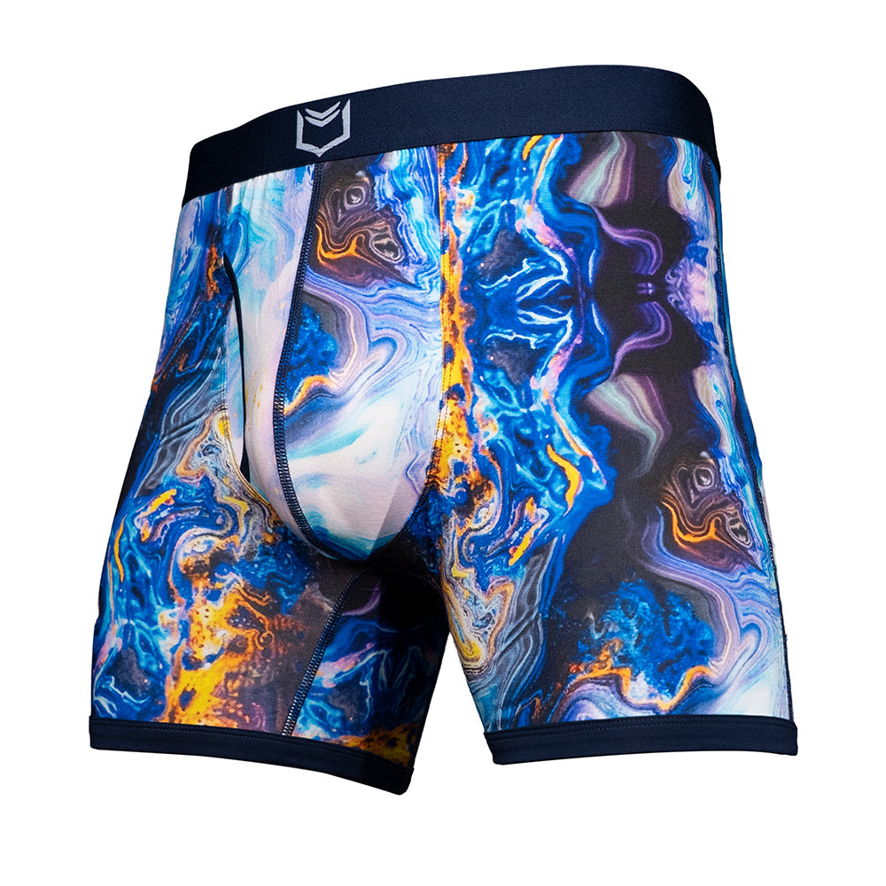 Men's pouch underwear in colorful abstract design, featuring SHEATH 4.0 Boxer Brief 5" for ultimate comfort and style.