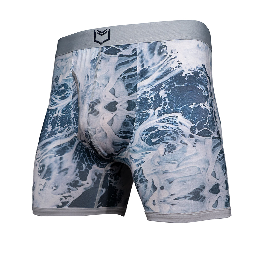 Men's pouch underwear in blue wave design, SHEATH 4.0 Bamboo Elements Boxer Brief 5" for superior comfort and fit.