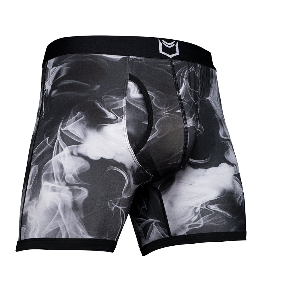 Men's pouch underwear in black and white smoke design, featuring SHEATH 4.0 style and 5 inch boxer brief length.