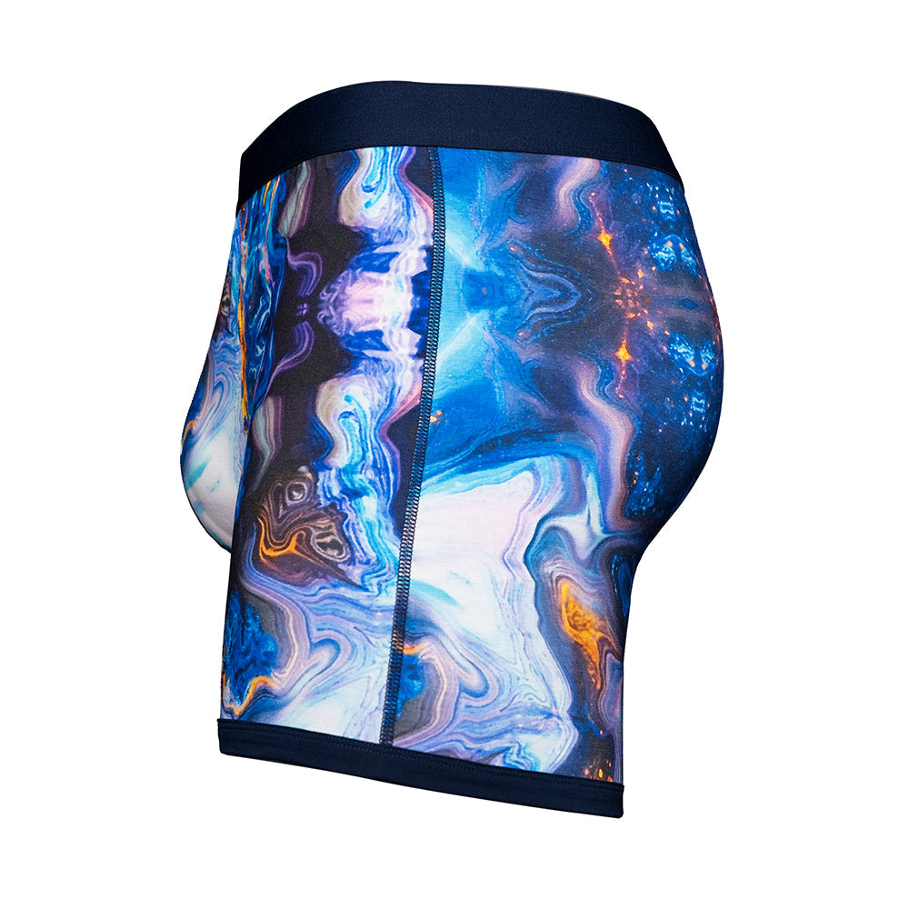 Men's pouch underwear in a blue and multicolor abstract design, showcasing the SHEATH 4.0 Bamboo Elements Boxer Brief.