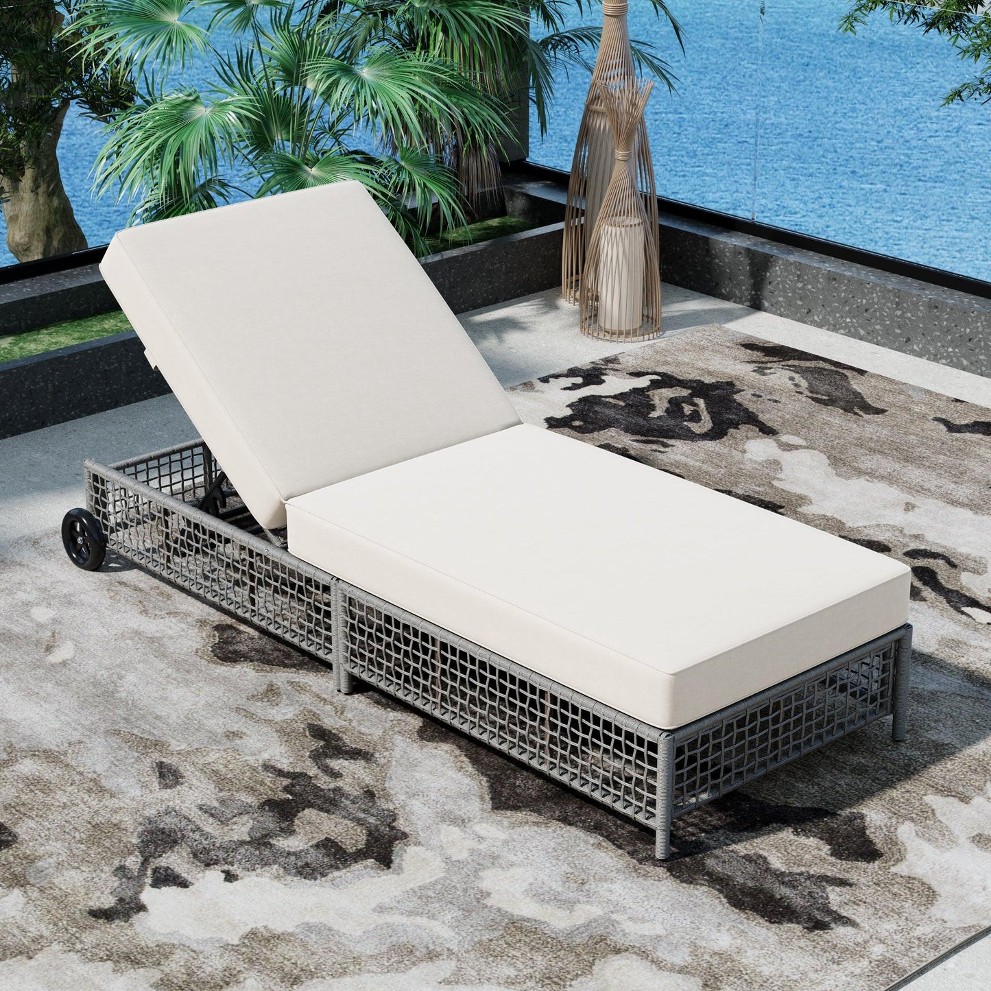 Outdoor Lounge Chair, Patio Chaise Lounge with 5-Position Backrest, Rattan Outdoor Lounge Chair with Cushion and Wheels for Poolside, Backyard, Garden