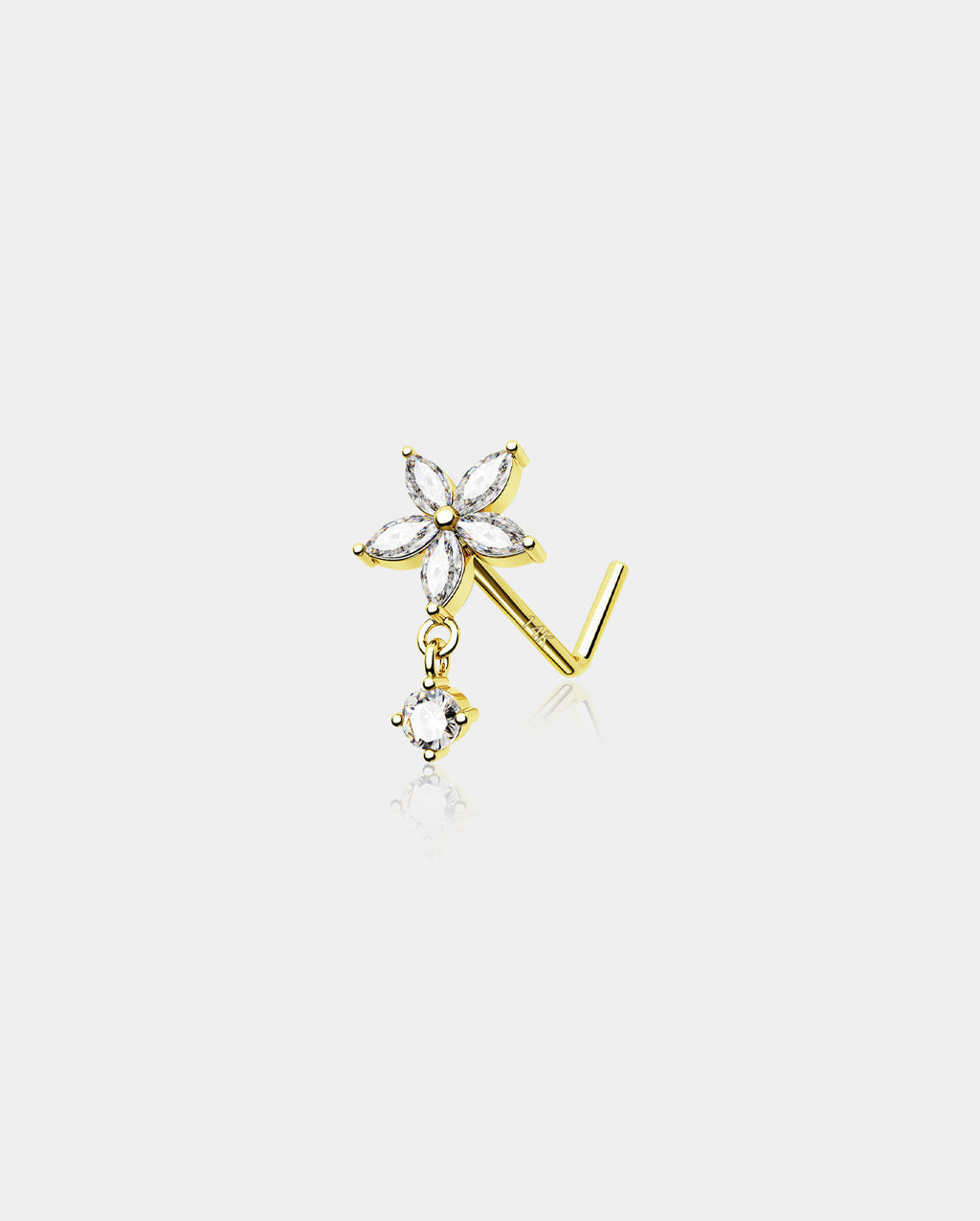 14K Gold CZ Flower L-Shape Dangle Nose Stud