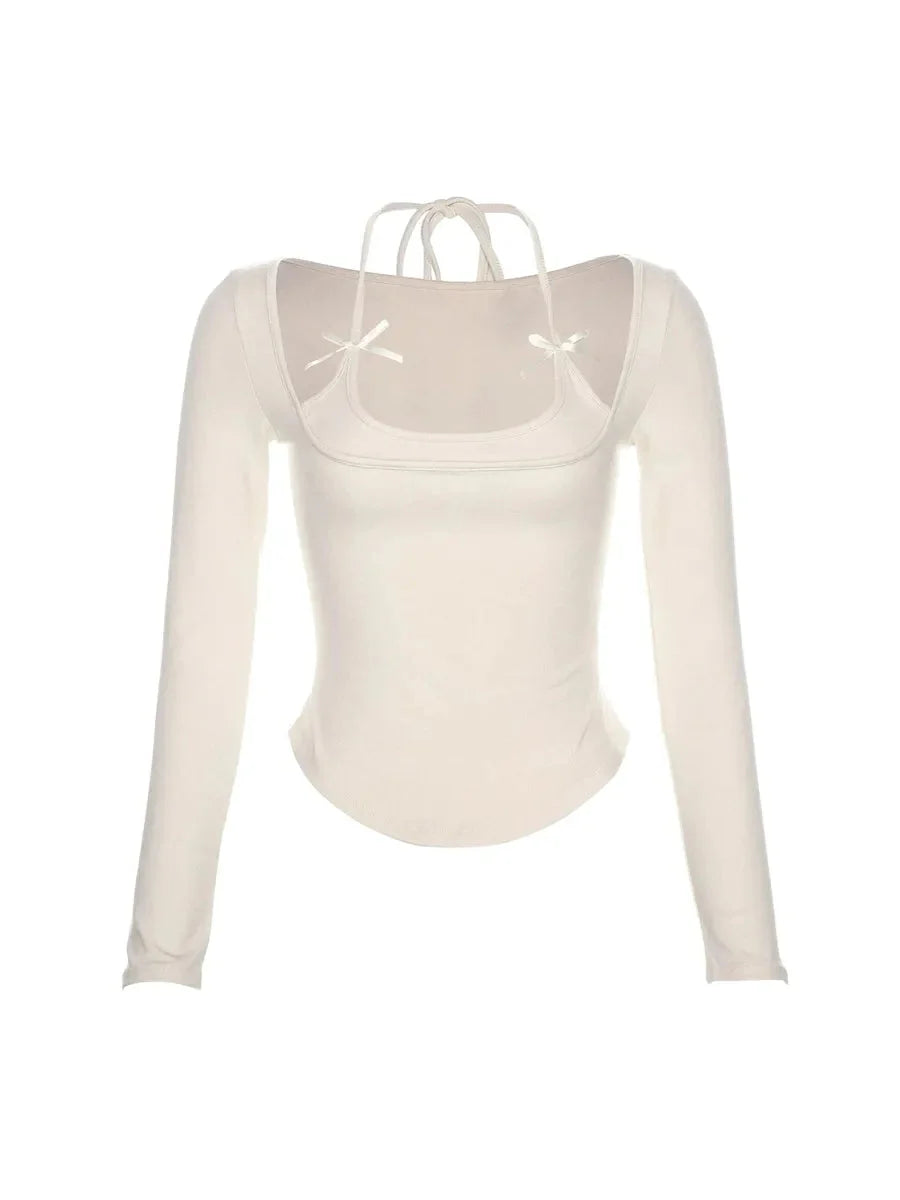 Ballet Dream Coquette Bowtie Halter Long Sleeve Shirt in white coquette aesthetic long sleeve halter top